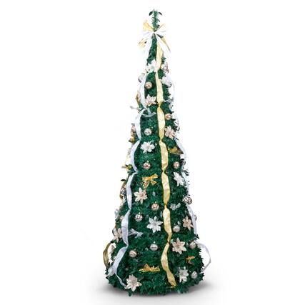 Front. VAVSEA - 7FT Pre-Lit Pop Up Christmas Tree, 200 Warm LED Lights, Golden & Silver Ornaments, Remote Control, Fully Decorated - Green.
