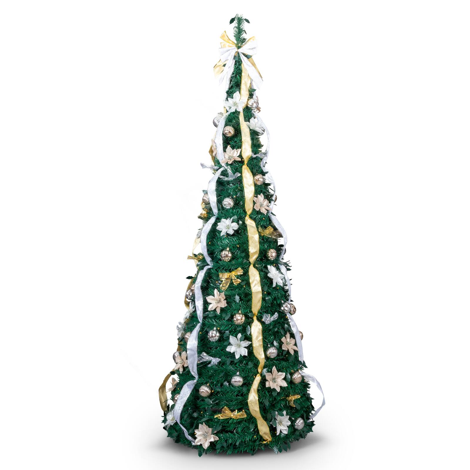 Front. VAVSEA - 7FT Pre-Lit Pop Up Christmas Tree, 200 Warm LED Lights, Golden & Silver Ornaments, Remote Control, Fully Decorated - Green.