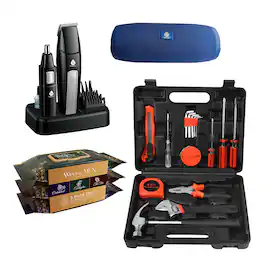 16-Piece Household Tool Kit, Peak Wireless Speaker, Mario Lopez Men’s Grooming Kit, and Pursonic Men’s Wipes - Multicolor