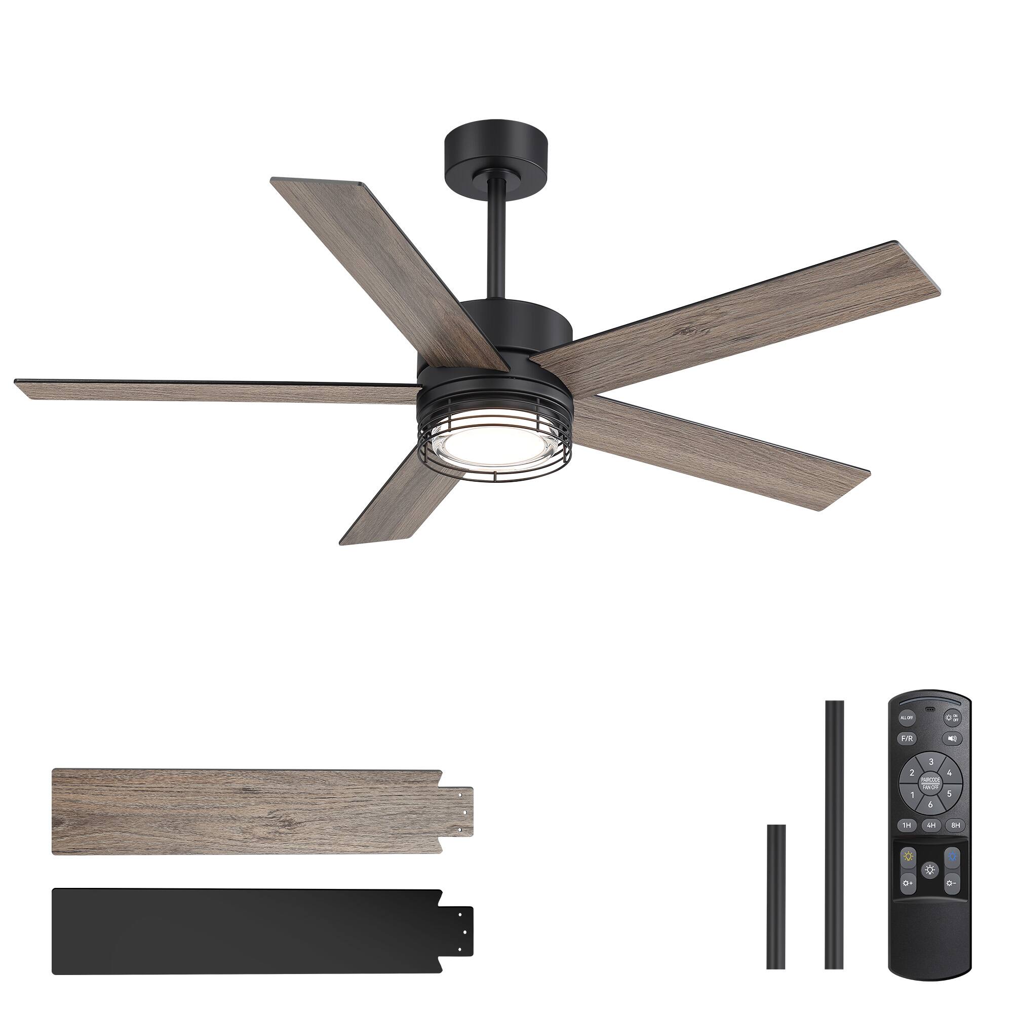 Alt View 10. Breezary - 52-Inch LED Ceiling Fan with 5 Reversible Blades, Dimmable 3-Color Light, Quiet DC Motor & Remote, 6&10" Downrods - Black and wood grain finish.