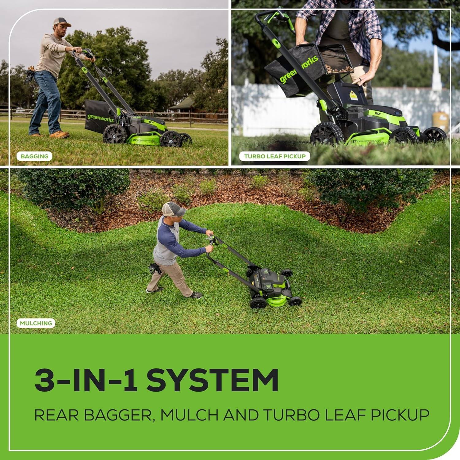 Greenworks 3-IN-1 SYSTEM  
REAR BAGGER, MULCH AND TURBO LEAF PICKUP  

BAGGING  
TURBO LEAF PICKUP  
MULCHING