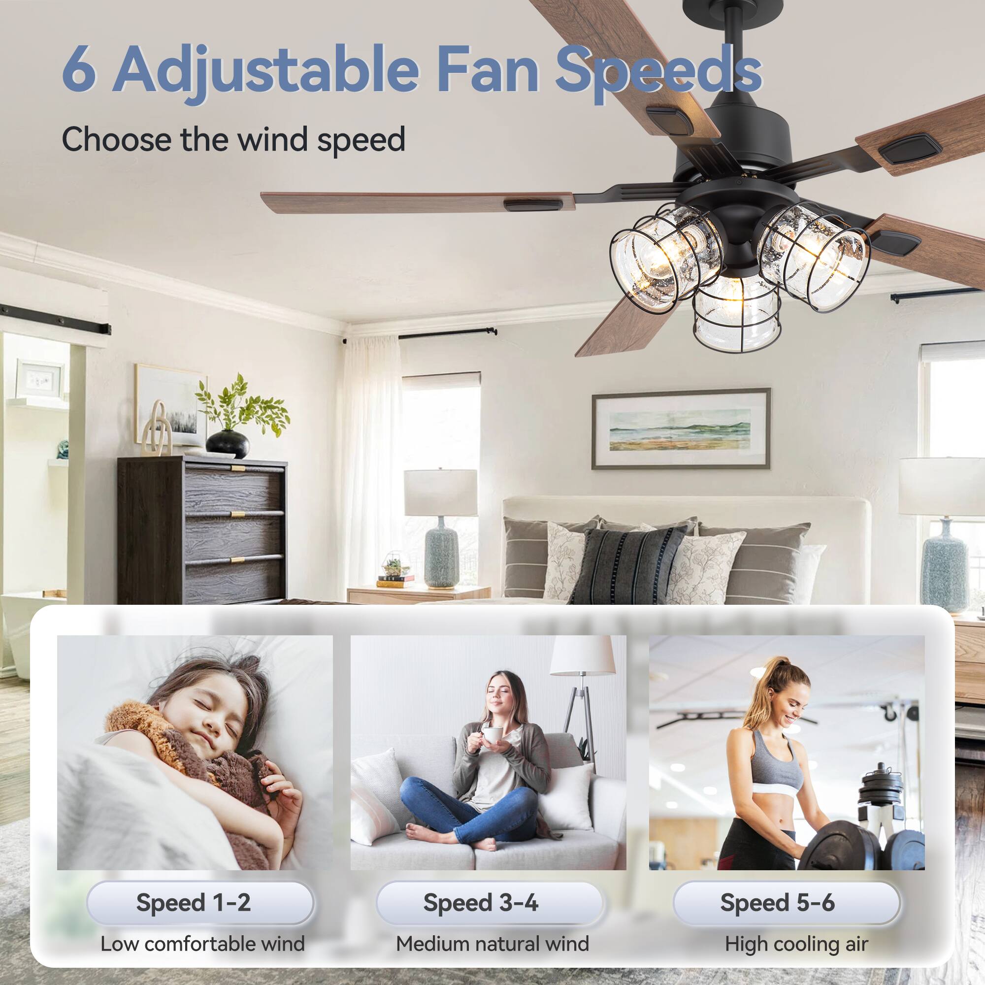 6 Adjustable Fan Speeds Choose the wind speed

Speed 1-2 Low comfortable wind
Speed 3-4 Medium natural wind
Speed 5-6 High cooling air