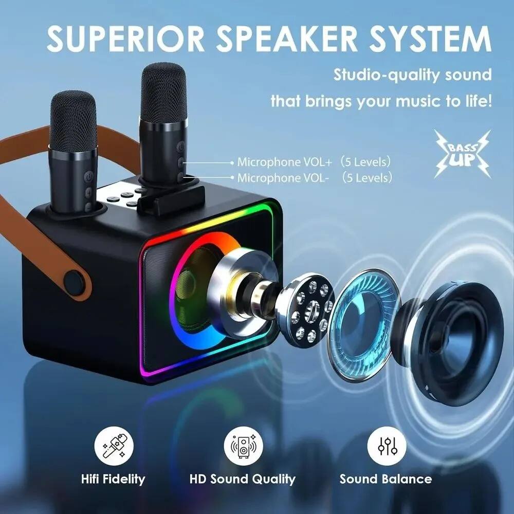 SUPERIOR SPEAKER SYSTEM  
Studio-quality sound that brings your music to life!  

- Microphone VOL+ (5 Levels)  
- Microphone VOL- (5 Levels)  
- BASS UP  

Hifi Fidelity  
HD Sound Quality  
Sound Balance