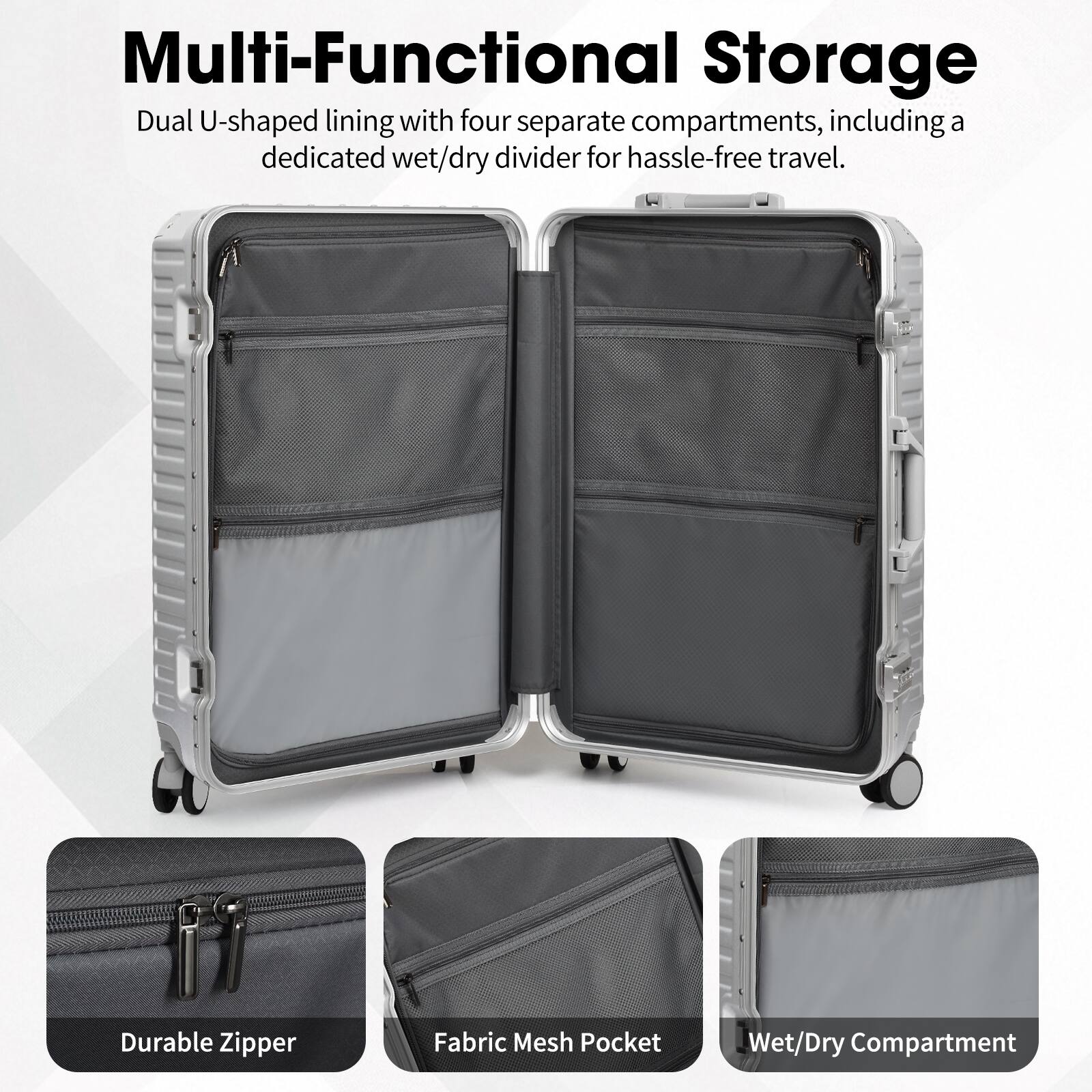 Multi-Functional Storage
Dual U-shaped lining with four separate compartments, including a dedicated wet/dry divider for hassle-free travel.
Durable Zipper
Fabric Mesh Pocket
Wet/Dry Compartment