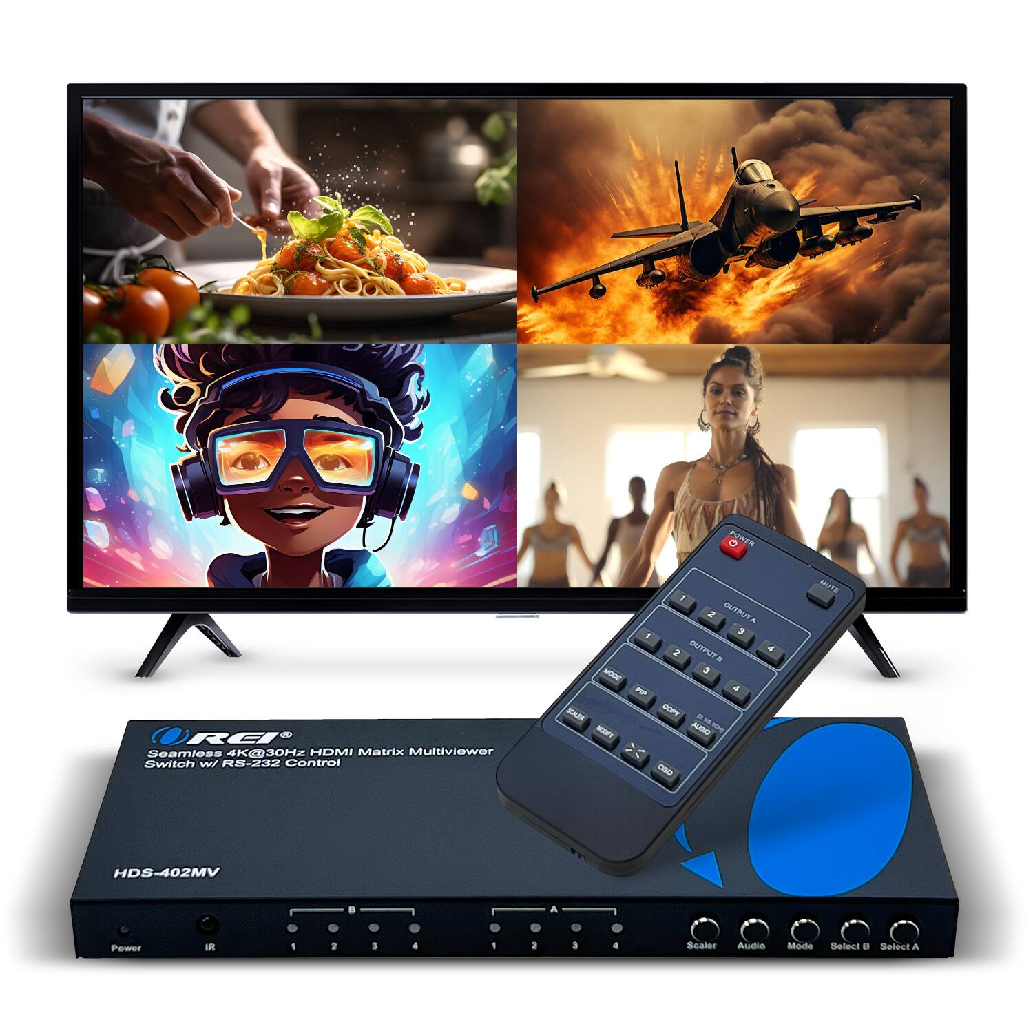 Seamless 4K@30Hz HDMI Matrix Multiviewer Switch w/ RS-232 Control - - - 1 2 OUTPUT A 1 OUTPUT 4 - - - POWER - - 2 1 . 1 a 3 4 Scaler Audio Mode Select A