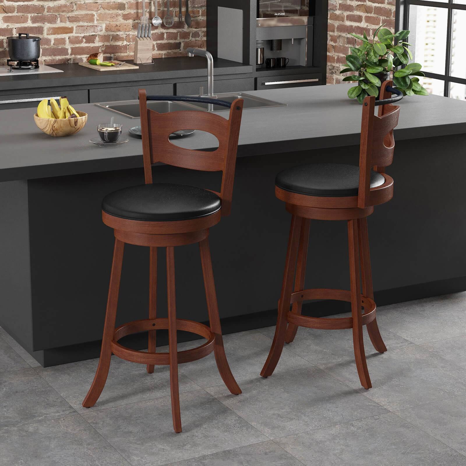 Alt View 1. Ecooso - 2 Pieces 29 Inch Swivel Bar Stools with Curved Backrest and Soft Cushions - Brown.