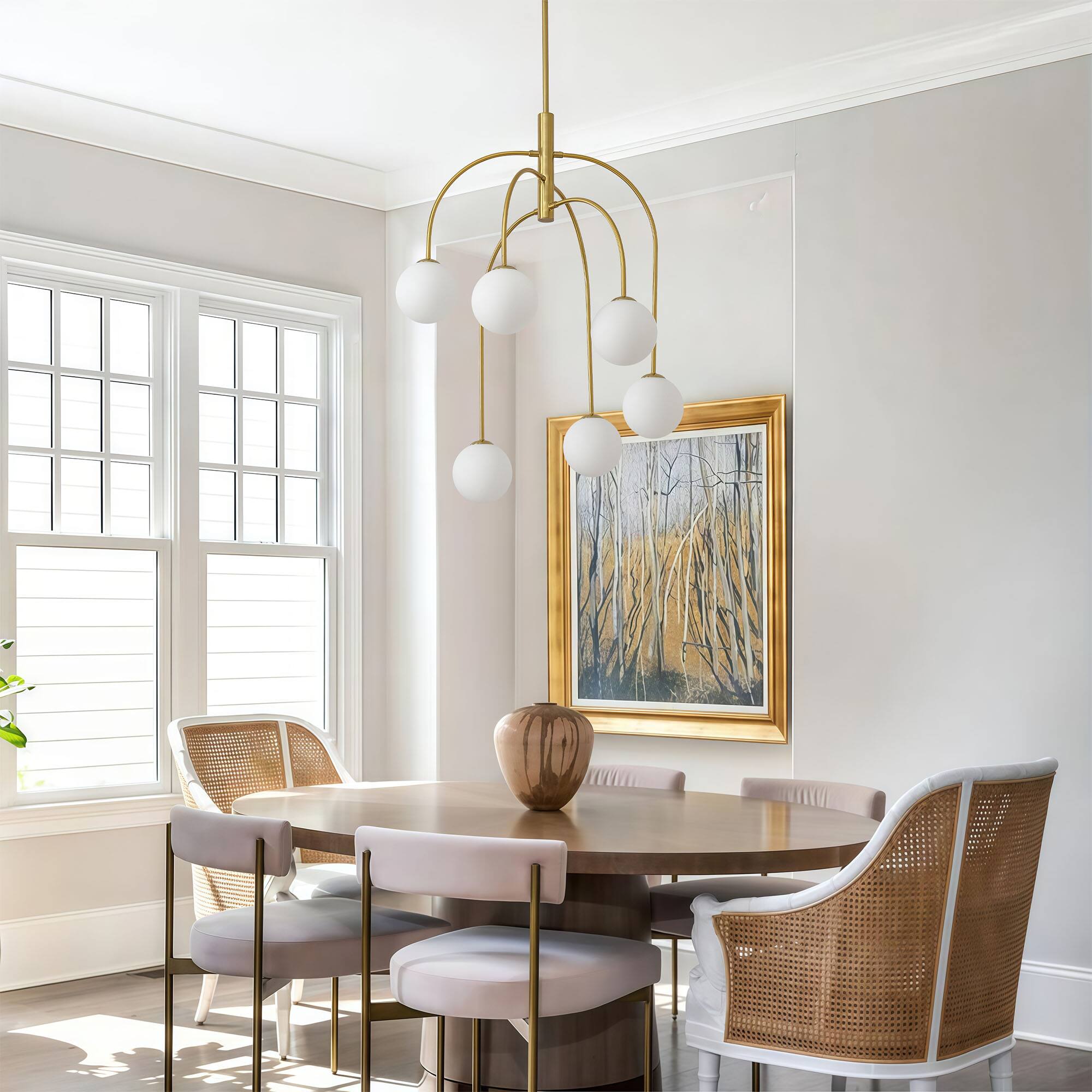 Back. RYHNUYNE - 6-Light Gold Sputnik Chandelier,Mid Century Modern Chandelier with Milk Glass Shades,Globe Chandelier for Dining Room - Gold.