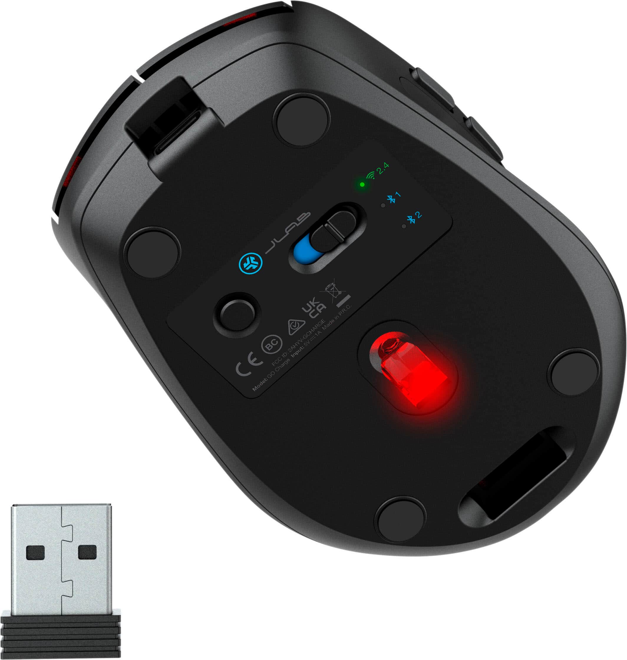 The image shows a black computer mouse with a red light on it. The mouse is connected to a USB cable, which is also visible in the image. The text on the image reads "2.4 GHz 1 *2 KHz Made in PR China."