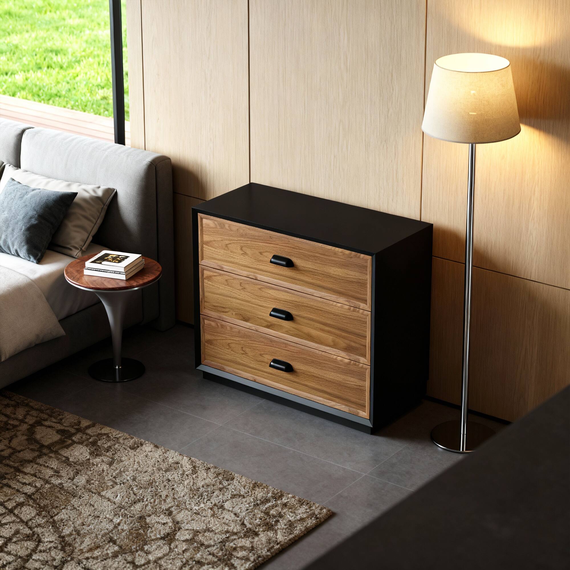 Back. luck idea - Mid-Century Modern 31.49" Solid Wood Nightstand with 3 Drawers, Bedside Table - Walnut Color.