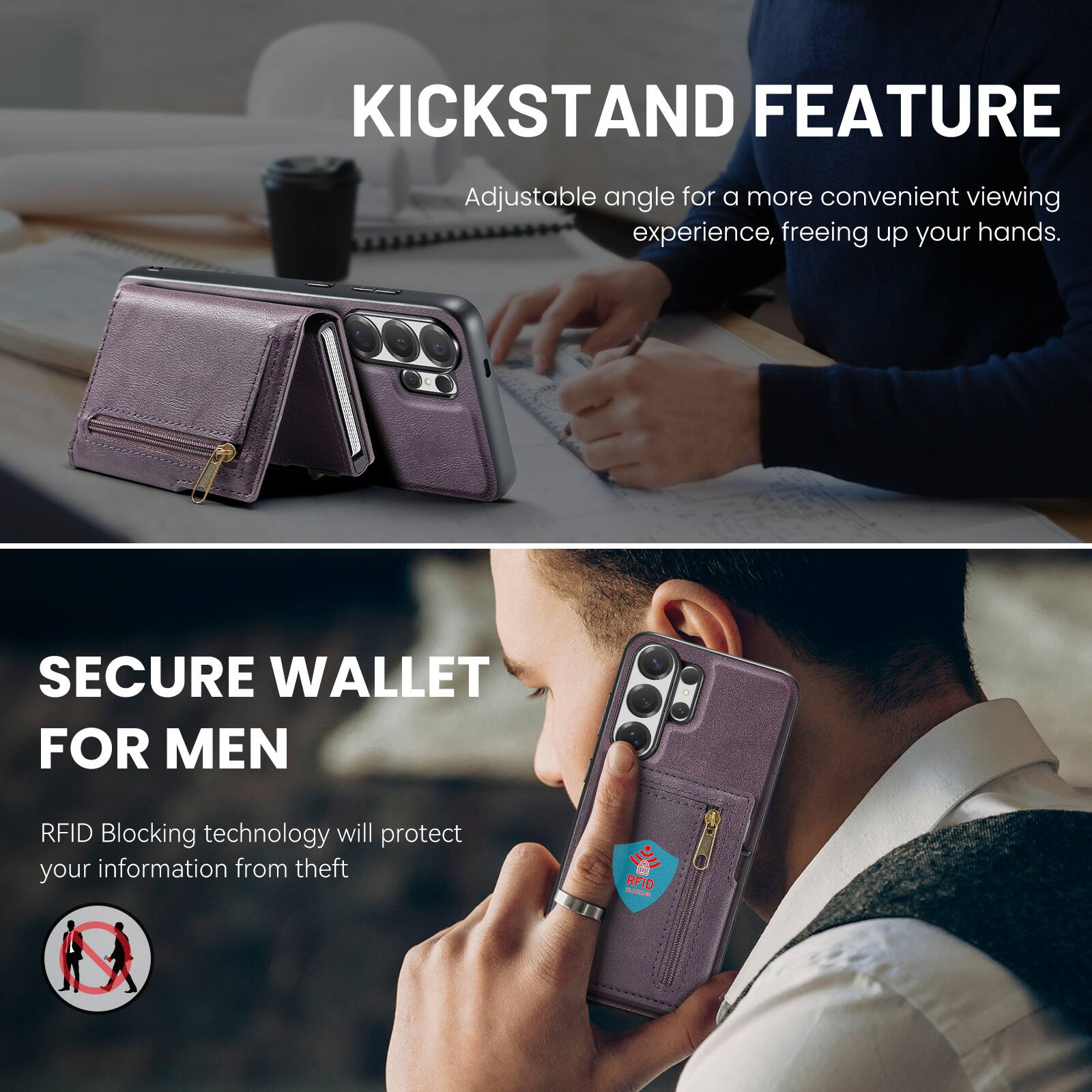 KICKSTAND FEATURE  
Adjustable angle for a more convenient viewing experience, freeing up your hands.  

SECURE WALLET FOR MEN  
RFID Blocking technology will protect your information from theft