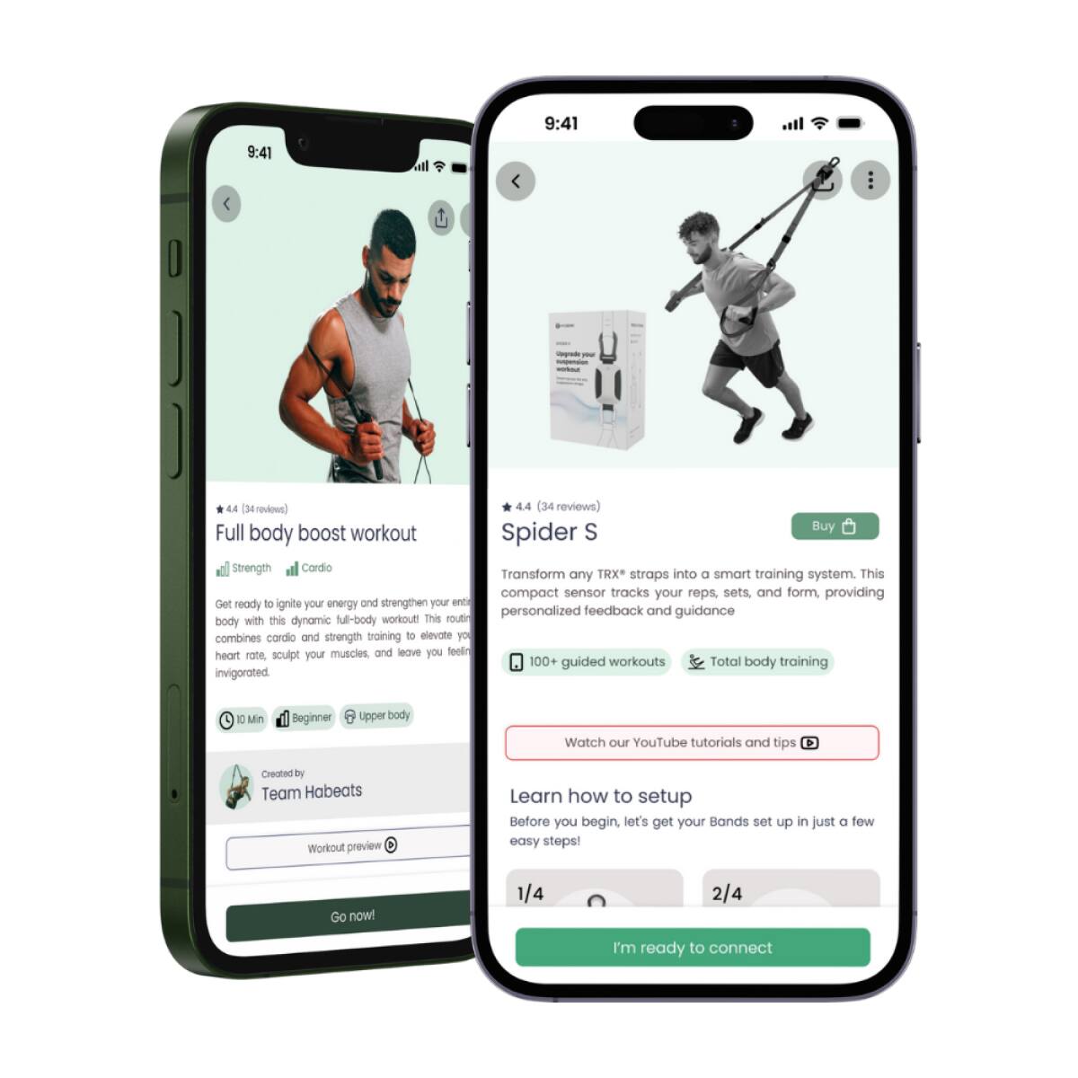 **Full body boost workout**

4.4 (34 reviews)

Strength Cardio

Get ready to ignite your energy and strengthen your entire body with this dynamic full-body workout. This routine combines cardio and strength training to elevate your heart rate, sculpt your muscles, and leave you feeling invigorated.

10 Min Beginner Upper body

Created by Team Habeats

Workout preview

Go now!

---

**Spider S**

4.4 (34 reviews)

Transform any TRX* straps into a smart training system. This compact sensor tracks your reps, sets, and form, providing personalized feedback and guidance.

100+ guided workouts Total body training

Watch our YouTube tutorials and tips

Learn how to setup

Before you begin, let's get your Bands set up in just a few easy steps!

1/4 2/4

I'm ready to connect

---

*Buy*