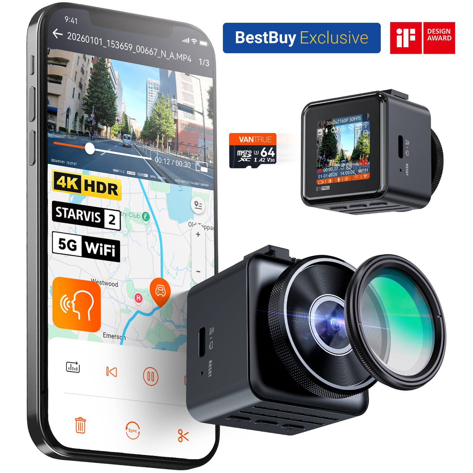 Vantrue - E1 Pro 4K Mini Dash Cam w/ 64GB Micro SD Card, STARVIS 2, 1.54'' IPS Screen, Parking Mode, Night Vision, 5GHz Wi-Fi&GPS - Black