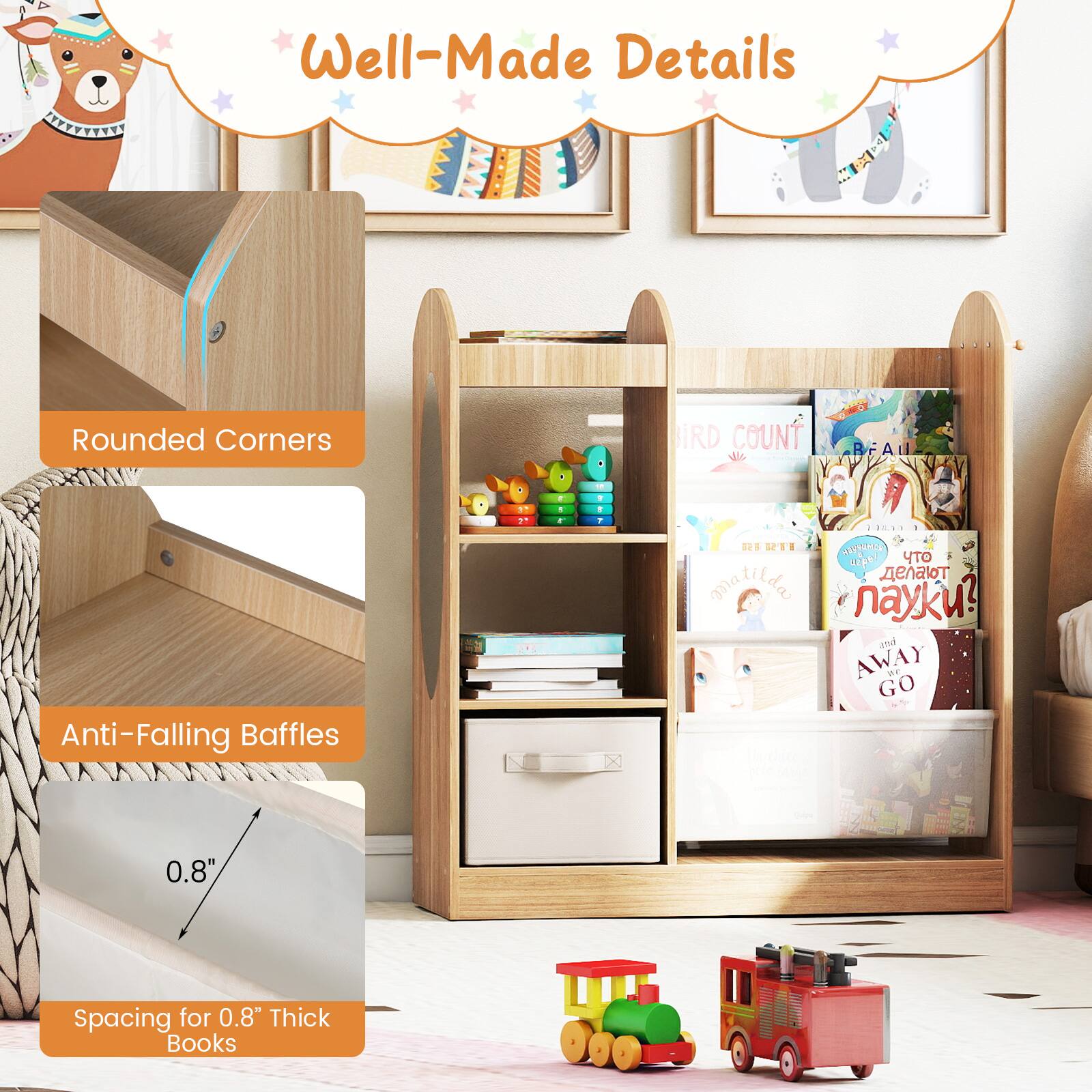 Well-Made Details

- Rounded Corners
- Anti-Falling Baffles
- Spacing for 0.8" Thick Books