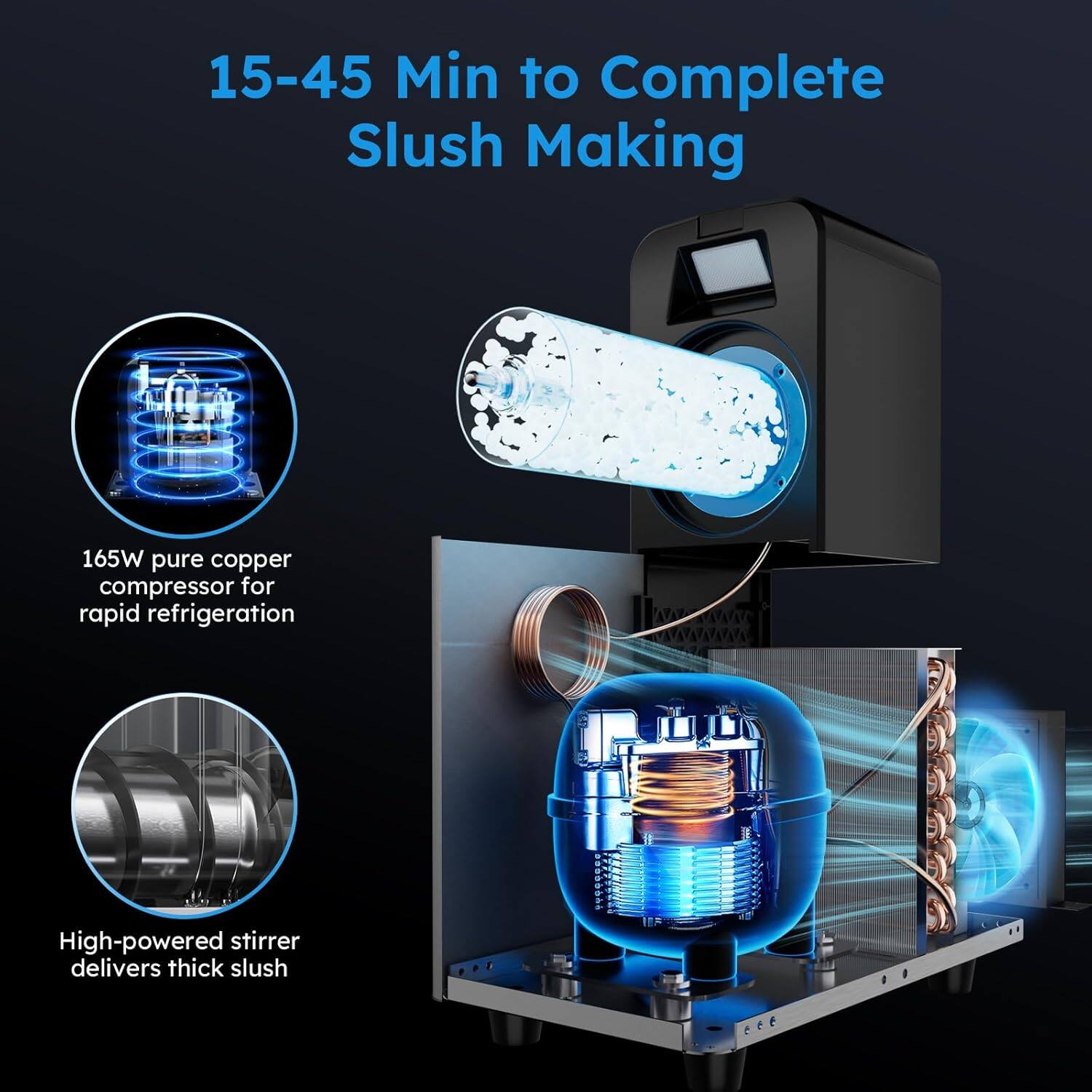 15-45 Min to Complete Slush Making

165W pure copper compressor for rapid refrigeration

High-powered stirrer delivers thick slush