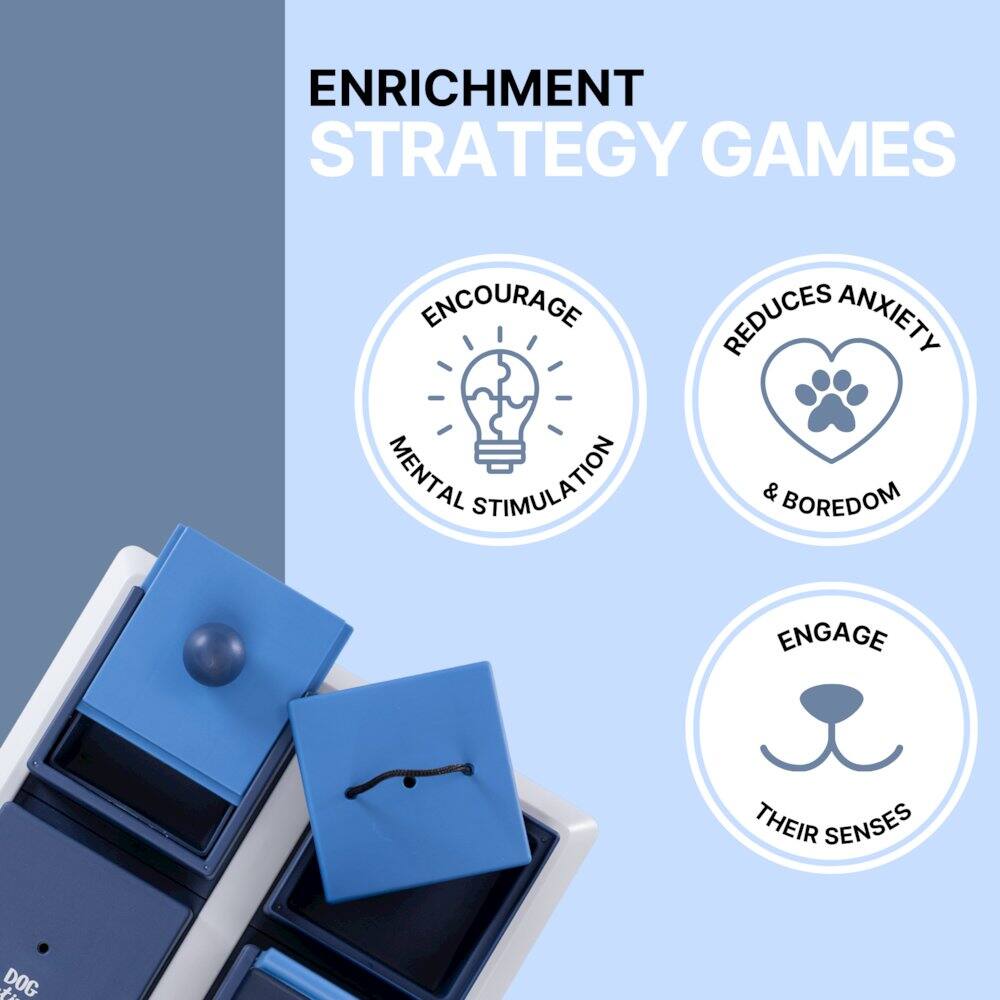 ENRICHMENT STRATEGY GAMES

- ENCOURAGE MENTAL STIMULATION
- REDUCES ANXIETY & BOREDOM
- ENGAGE THEIR SENSES
