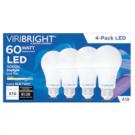VIRIBRIGHT - A19 LED Bulb, 9W, 810 Lumens, Dimmable, CEC T20, 90+ CRI, Daylight (4-Pack) - 5000K