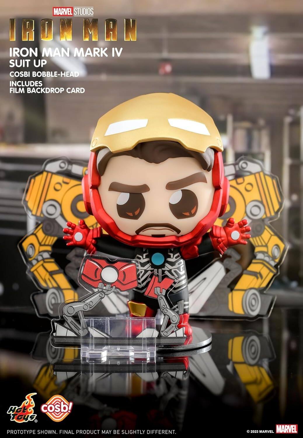 MARVEL STUDIOS IRON MAN IRON MAN MARK IV SUIT UP COSBI BOBBLE-HEAD INCLUDES FILM BACKDROP CARD Hot Toys PROTOTYPE SHOWN. FINAL PRODUCT MAY BE SLIGHTLY DIFFERENT. 2023 MARVEL