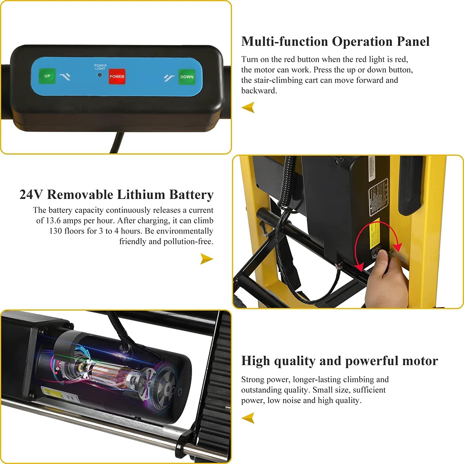 **Multi-function Operation Panel**  
Turn on the red button when the red light is red, the motor can work. Press the up or down button, the stair-climbing cart can move forward and backward.

**24V Removable Lithium Battery**  
The battery capacity continuously releases a current of 13.6 amps per hour. After charging, it can climb 130 floors for 3 to 4 hours. Be environmentally friendly and pollution-free.

**High quality and powerful motor**  
Strong power, longer-lasting climbing and outstanding quality. Small size, sufficient power, low noise and high quality.