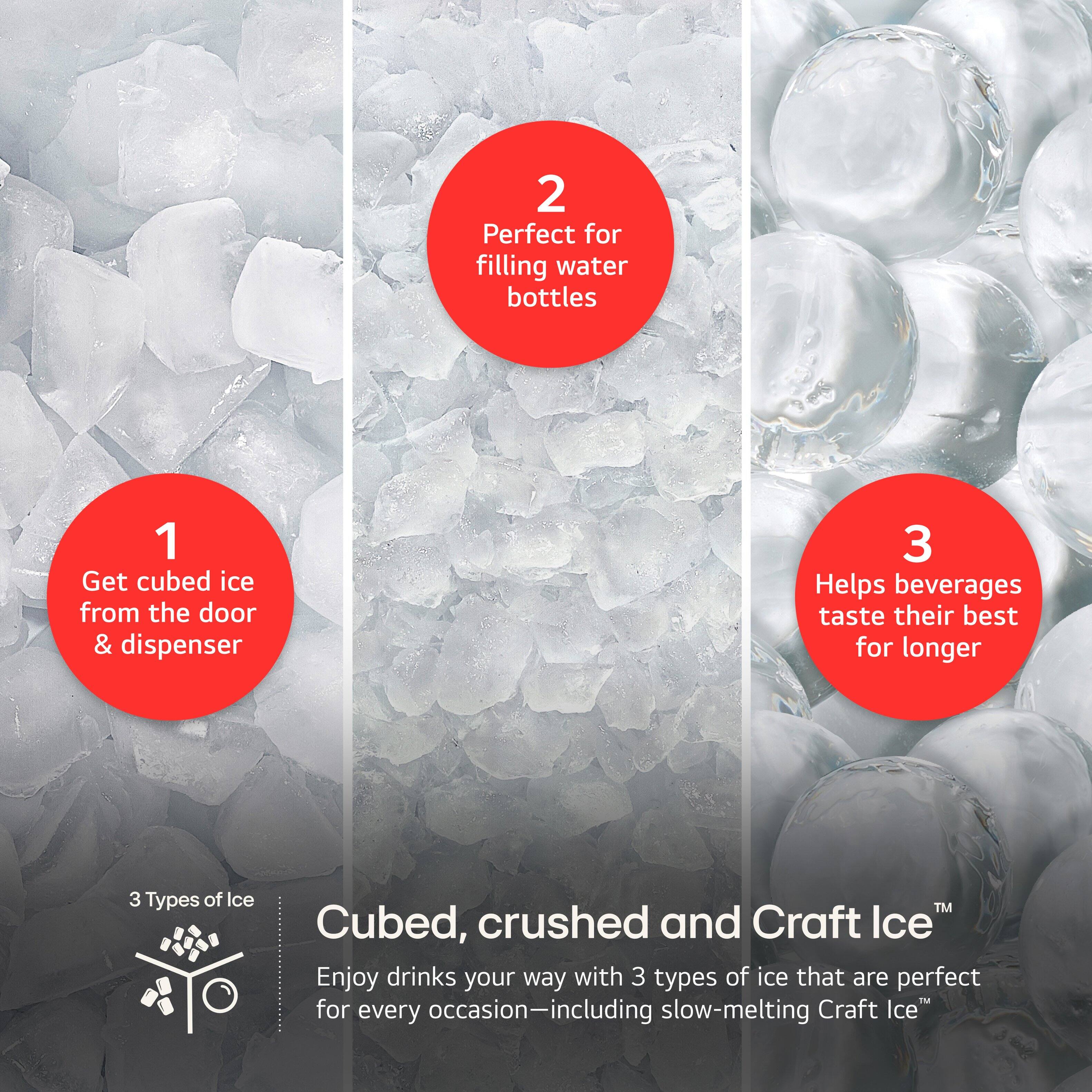 1. Get cubed ice from the door & dispenser
2. Perfect for filling water bottles
3. Helps beverages taste their best for longer
3 Types of Ice:
- Cubed Ice
- Crushed Ice
- Craft Ice
Enjoy drinks your way with 3 types of ice that are perfect for every occasion-including slow-melting Craft Ice.
