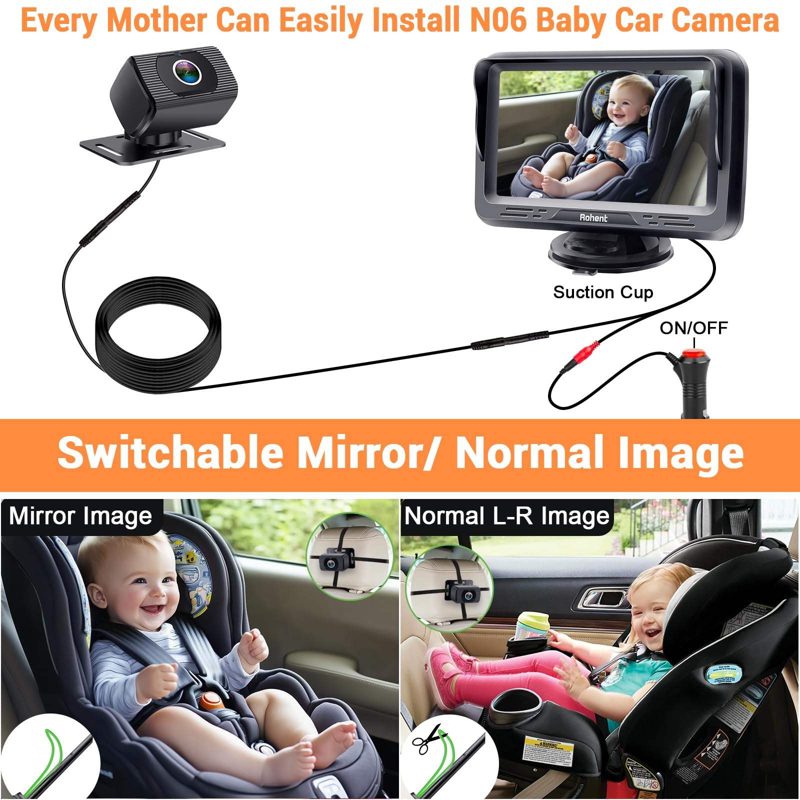 Every Mother Can Easily Install N06 Baby Car Camera

Rohent

Suction Cup

ON/OFF

Switchable Mirror/ Normal Image

Mirror Image

Normal L-R Image