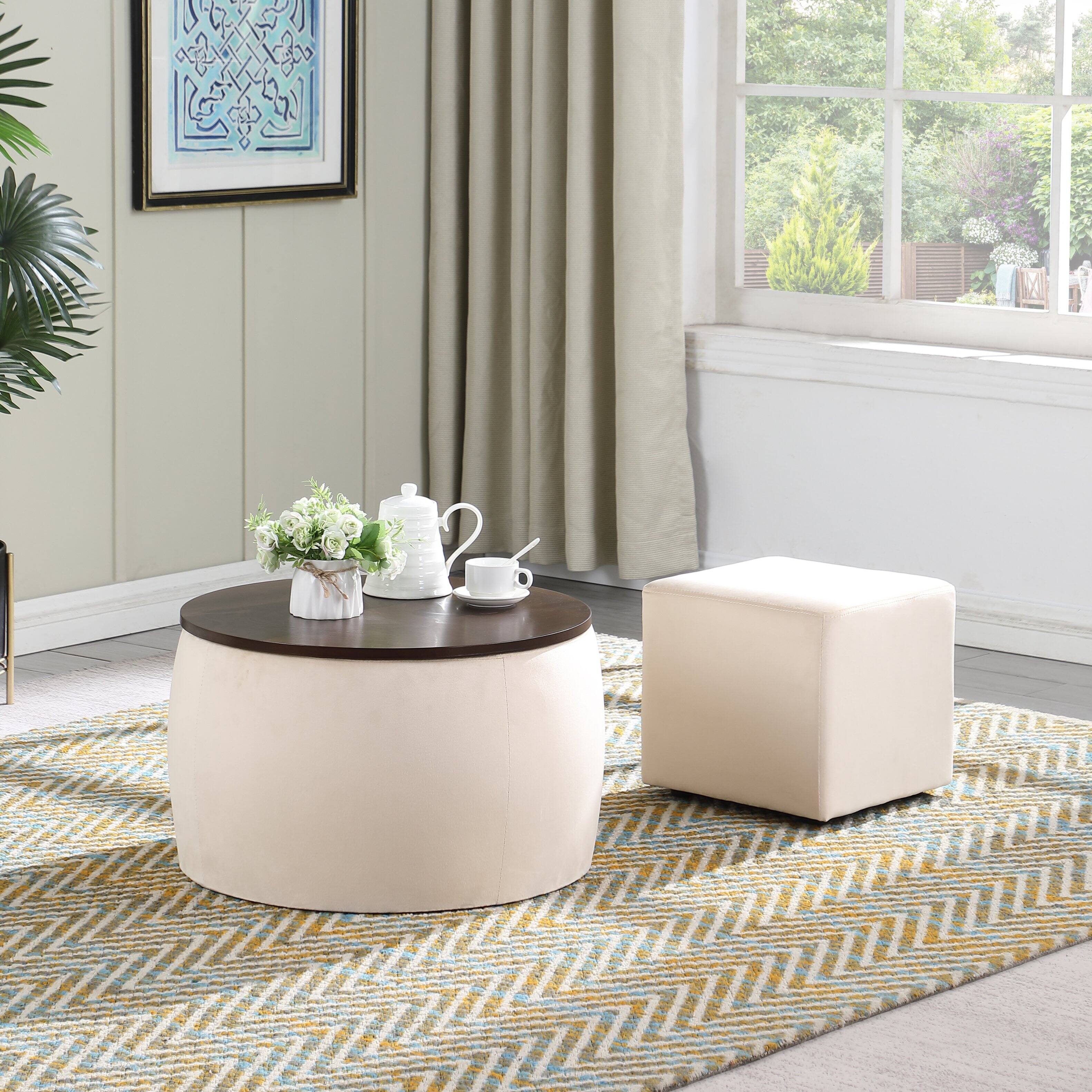 Front. APRILSOUL - Round Ottoman Set with Storage 2 in 1 combination Round Coffee Table Square Foot Rest Footstool for Living Room Bedroom - Beige.