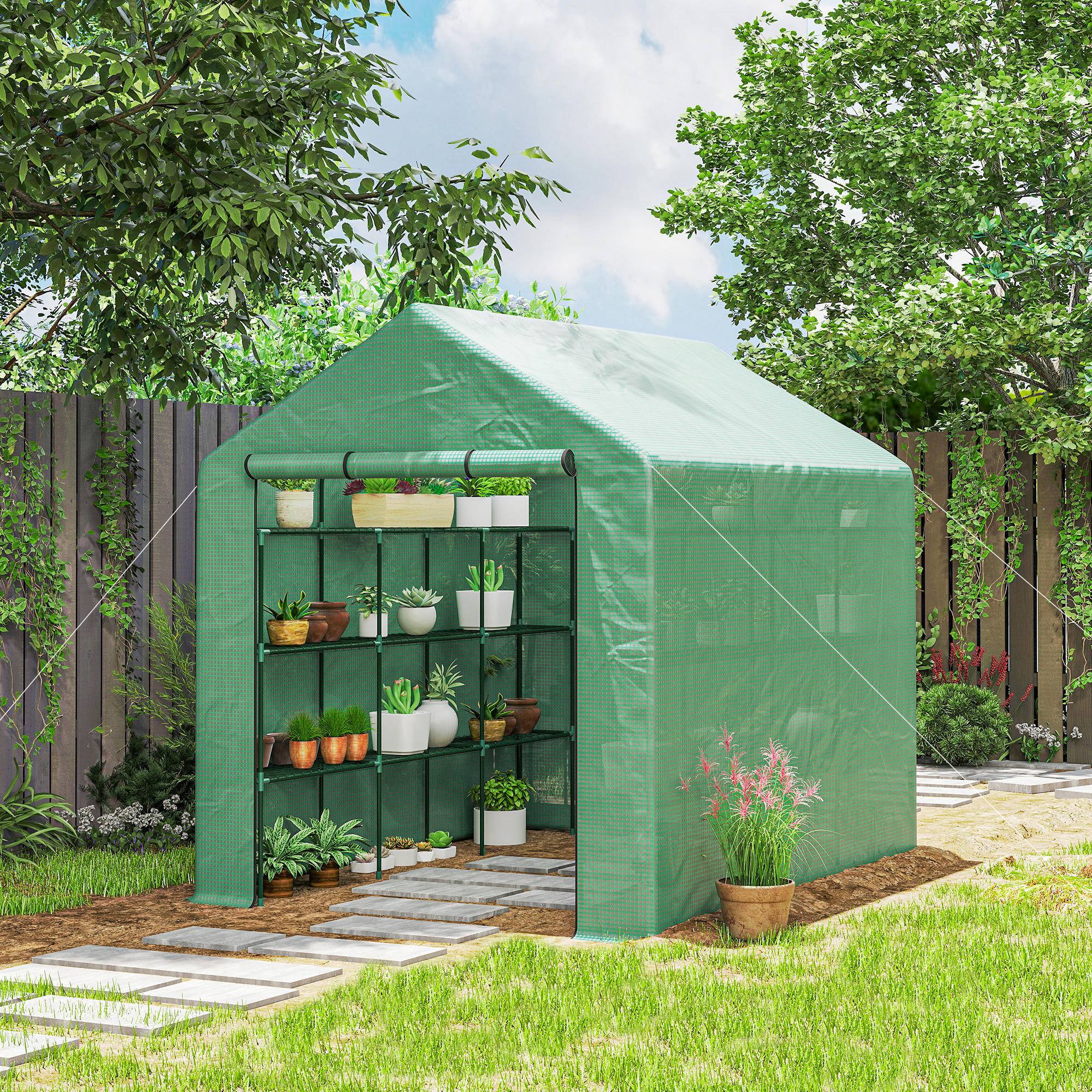 Alt View 1. Outsunny - Outdoor Walk-in Greenhouse with Roll-up Zipper Door, 18 Shelves, PE Cover.