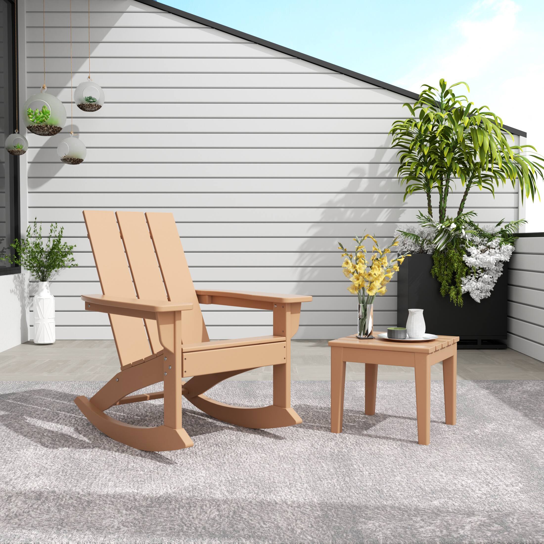 Angle. WestinTrends - WestinTrends Ashore 2-Pieces Set Modern Plastic Outdoor Rocking Chair with Square Side Table - Teak.