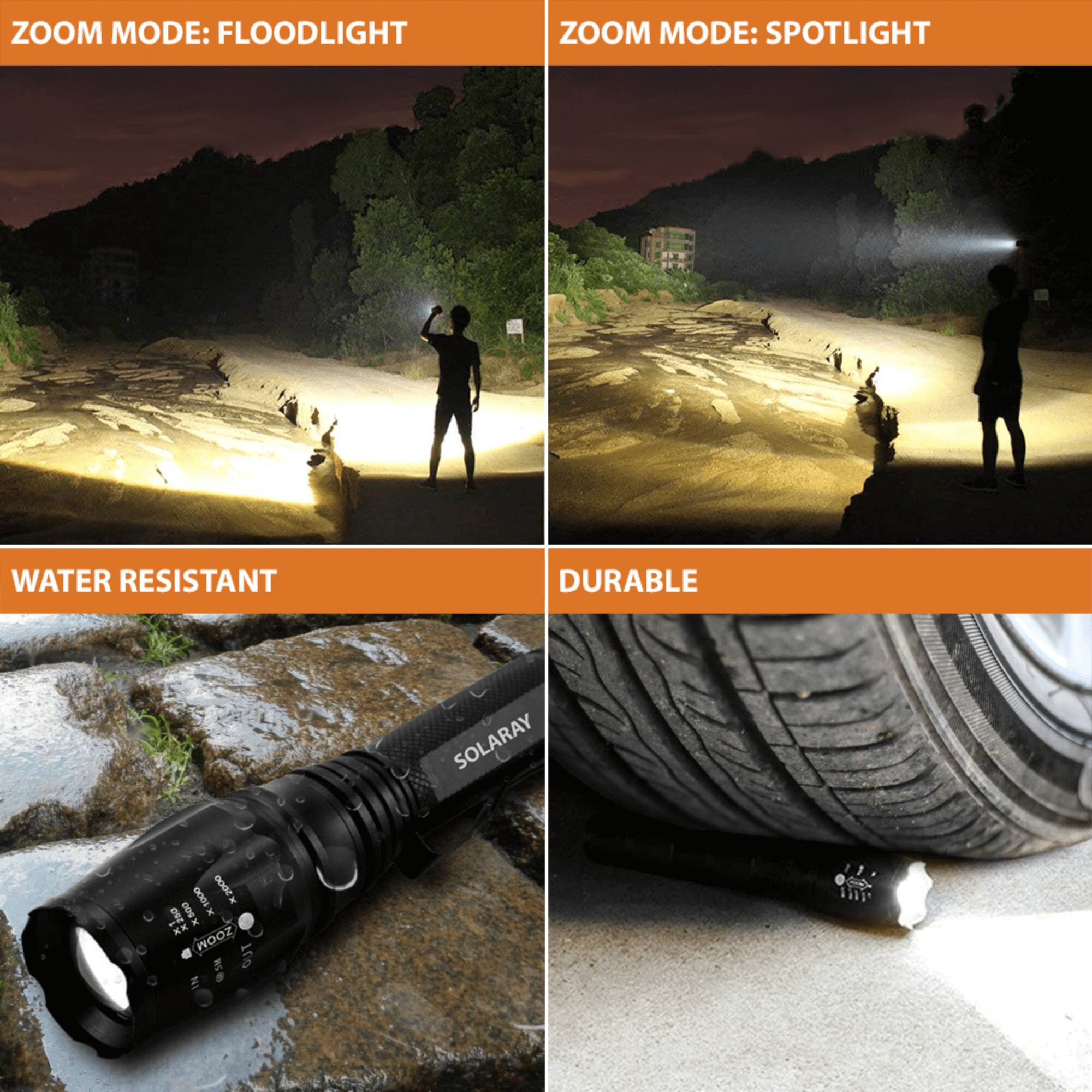 ZOOM MODE: FLOODLIGHT  
ZOOM MODE: SPOTLIGHT  
WATER RESISTANT  
DURABLE  
SOLARAY 10 2000  
R 800 x