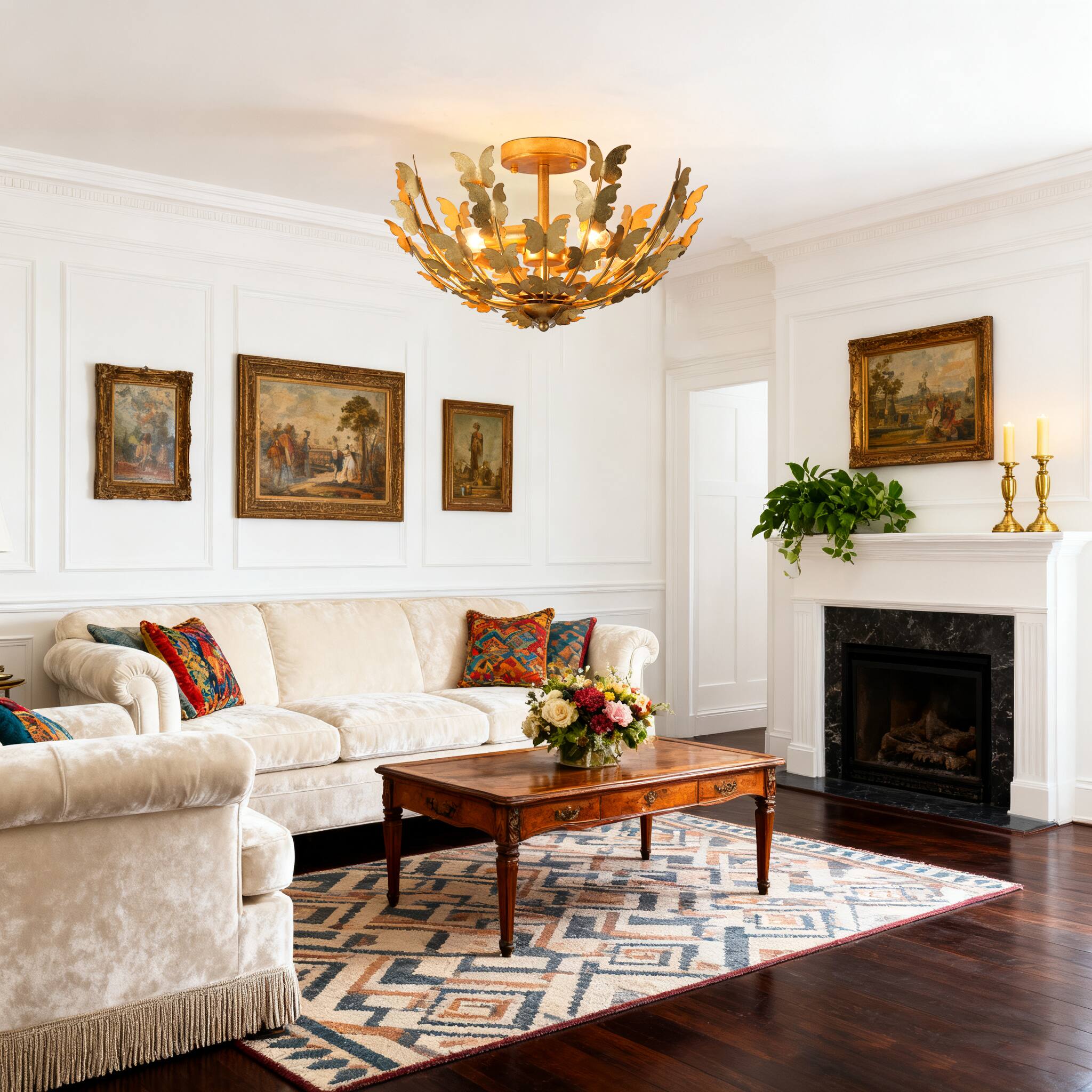 Left. Parrot Uncle - 18" W Modern Butterfly Design Metal Shade  4-Light Gold Semi-Flush Mount Ceiling Light - Gold.