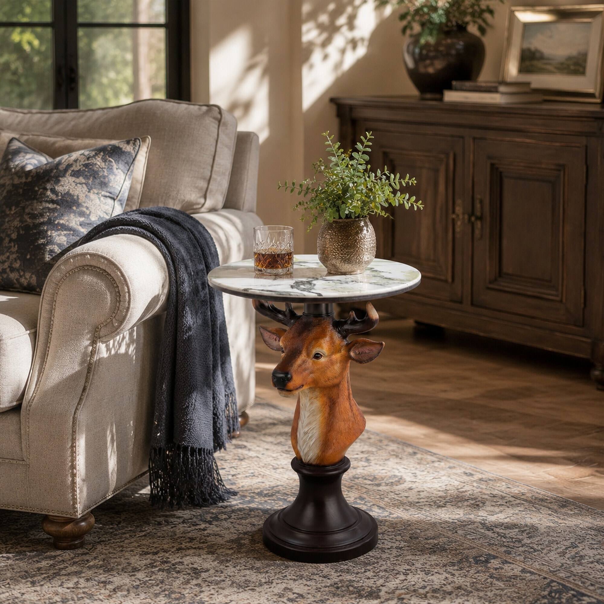 Alt View 2. RYHNUYNE - Deer Head Accent Table with Faux Marble Top for Living Room, Cabin, and Rustic Themed Decor - Brown.