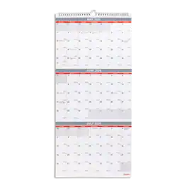 Staples - 2026 12" x 27" Three-Month Wall Calendar, (ST53920-26) - White/Red/Gray