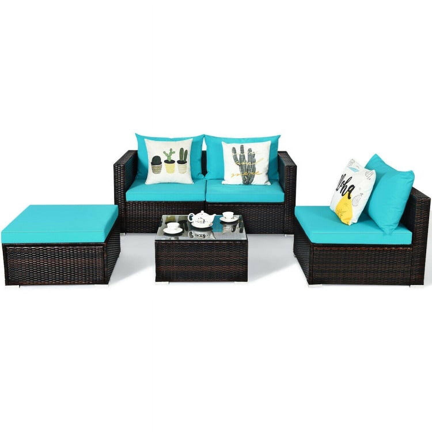 Angle. Kadyn - 5 Pieces Patio Rattan Furniture Set with Coffee Table-Turquoise, Patio Seating Conversation Set, Modern Patio Sofa - Blue.