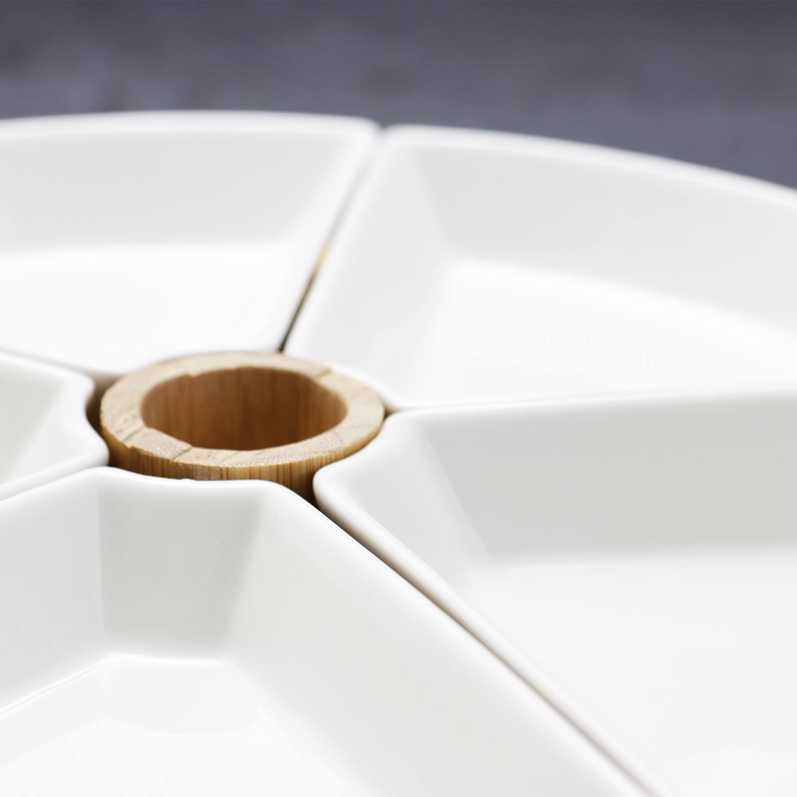 Angle. Elama - Elama Signature 7 Piece Appetizer Serving Set with 5 Serving Dishes, Center Tooth Pick Holder and Bamboo Serving Tray - Brown.