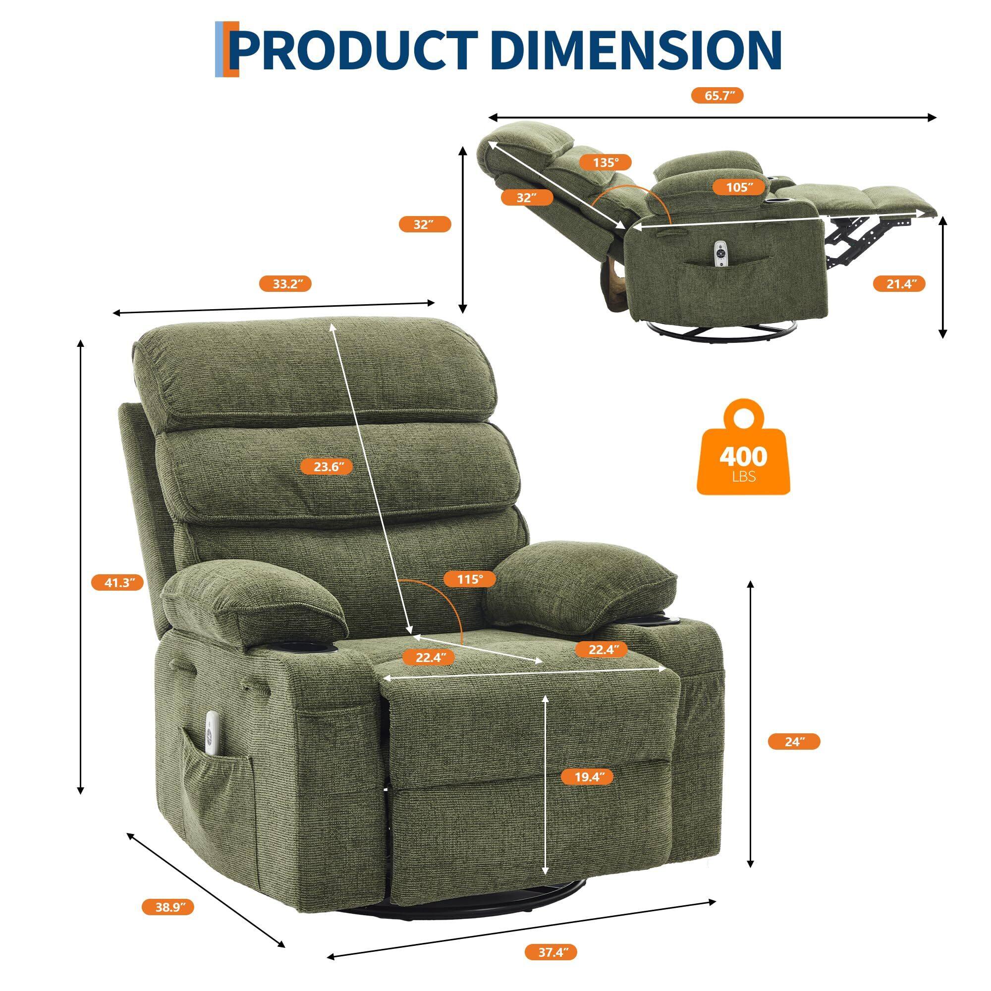 PRODUCT DIMENSION

- 65.7" (Width)
- 135" (Depth)
- 32" (Height)
- 105" (Reclined Depth)
- 33.2" (Back Height)
- 21.4" (Seat Height)
- 23.6" (Seat Depth)
- 400 LBS (Weight Capacity)
- 41.3" (Arm Height)
- 115" (Reclined Height)
- 22.4" (Armrest Height)
- 22.4" (Armrest Width)
- 24" (Armrest Depth)
- 19.4" (Seat Width)
- 38.9" (Width)
- 37.4" (Depth)