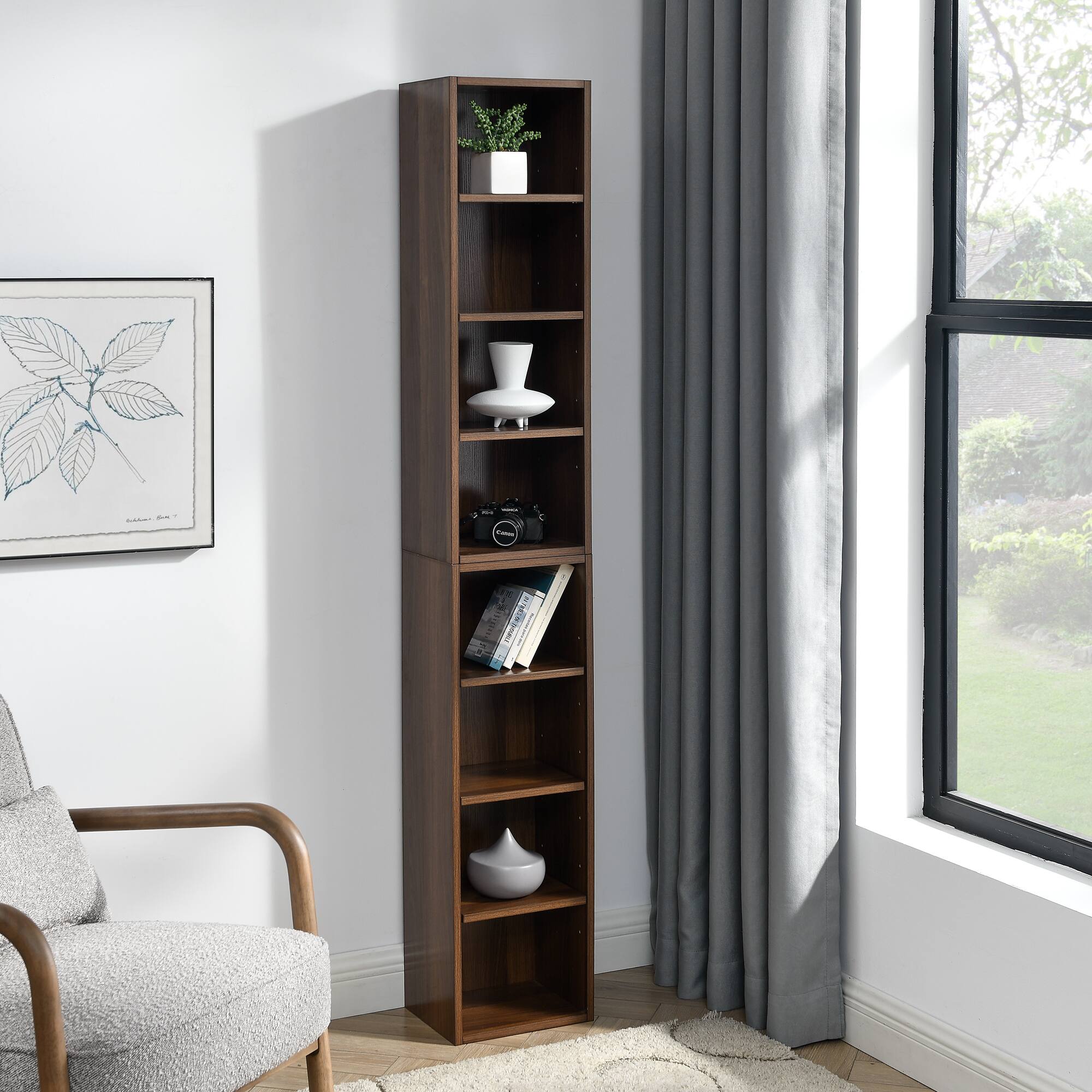 Left. Tiramisubest - 8-Tier Tall Narrow Bookcase Display Bookshelf with Adjustable Shelves, Multi-Functional Double-Decker Bookcase, Walnut - Walnut.
