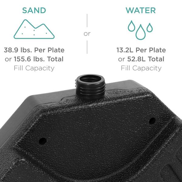SAND: 38.9 lbs. Per Plate or 155.6 lbs. Total Fill Capacity

WATER: 13.2L Per Plate or 52.8L Total Fill Capacity