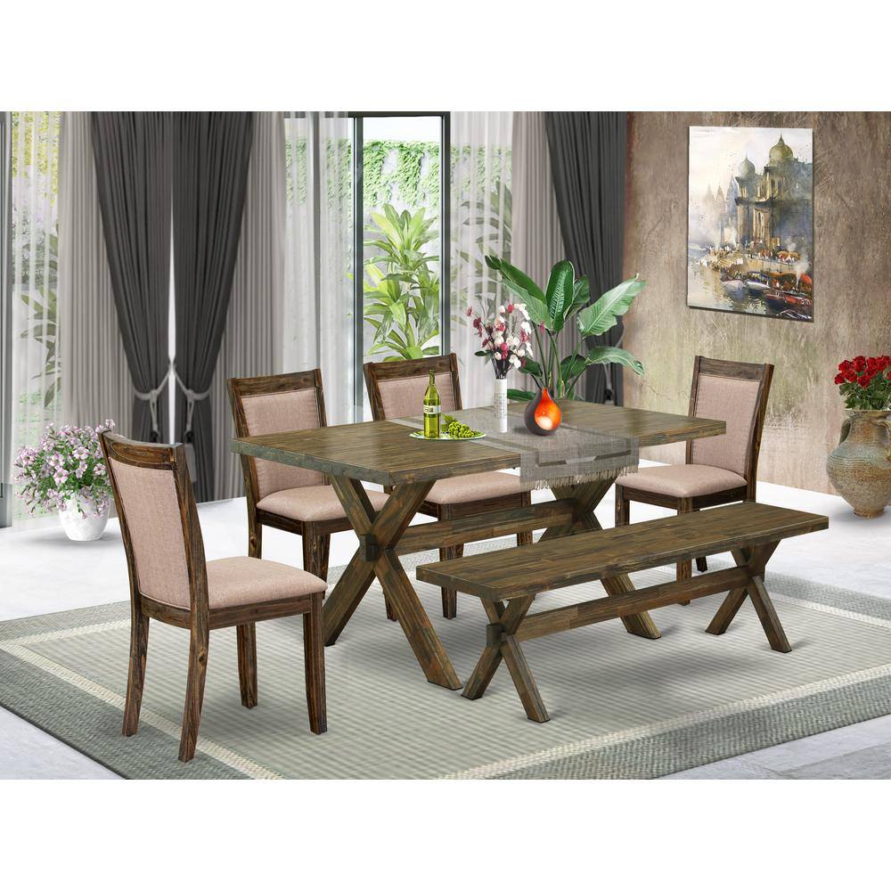 Alt View 3. East West Furniture - X776MZ716-6 6 Pc Dining Table Set- A Wood Table in Trestle Base with Rustic Bench and 4 Dining Chairs - Distressed - Multi-Color.