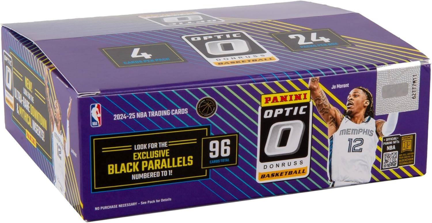 PANINI OPTIC 2024-25 NBA TRADING CARDS  
NEW LIN-WAE WTRE CONLONN HIT ESEKEL 340 OPTIC 24 PER N0x PACKO 4 PACK DONRUSS EARBS PER BASKETBALL Jo Morant 62TT7M11  
LOOK FOR THE EXCLUSIVE BLACK PARALLELS NUMBERED TO 96 CARDS TOTAL BLOCKCHAIN PARALLELS DONRUSS TECHNOLOGY!  
NO PURCHASE NECESSARY - See Pack for Details