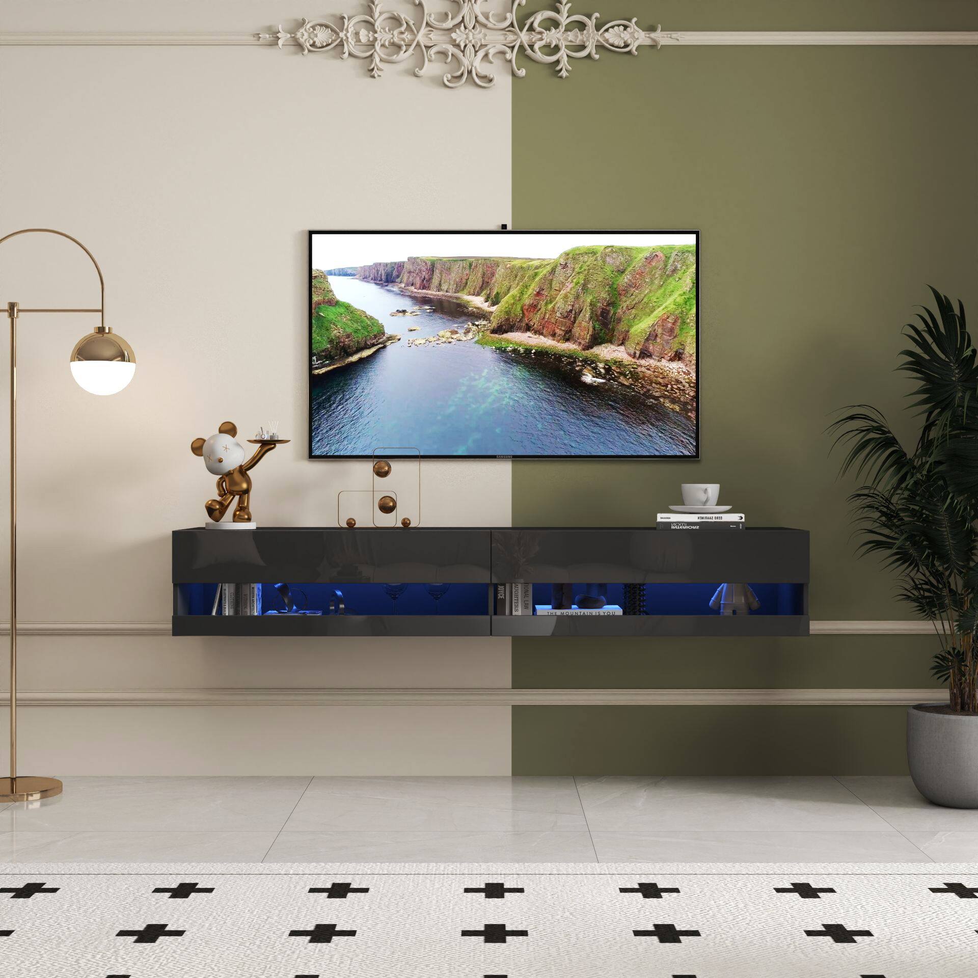 Front. GOODSILO - Wall Mounted Floating TV Stand with LED Lights and Charging Station - Black.