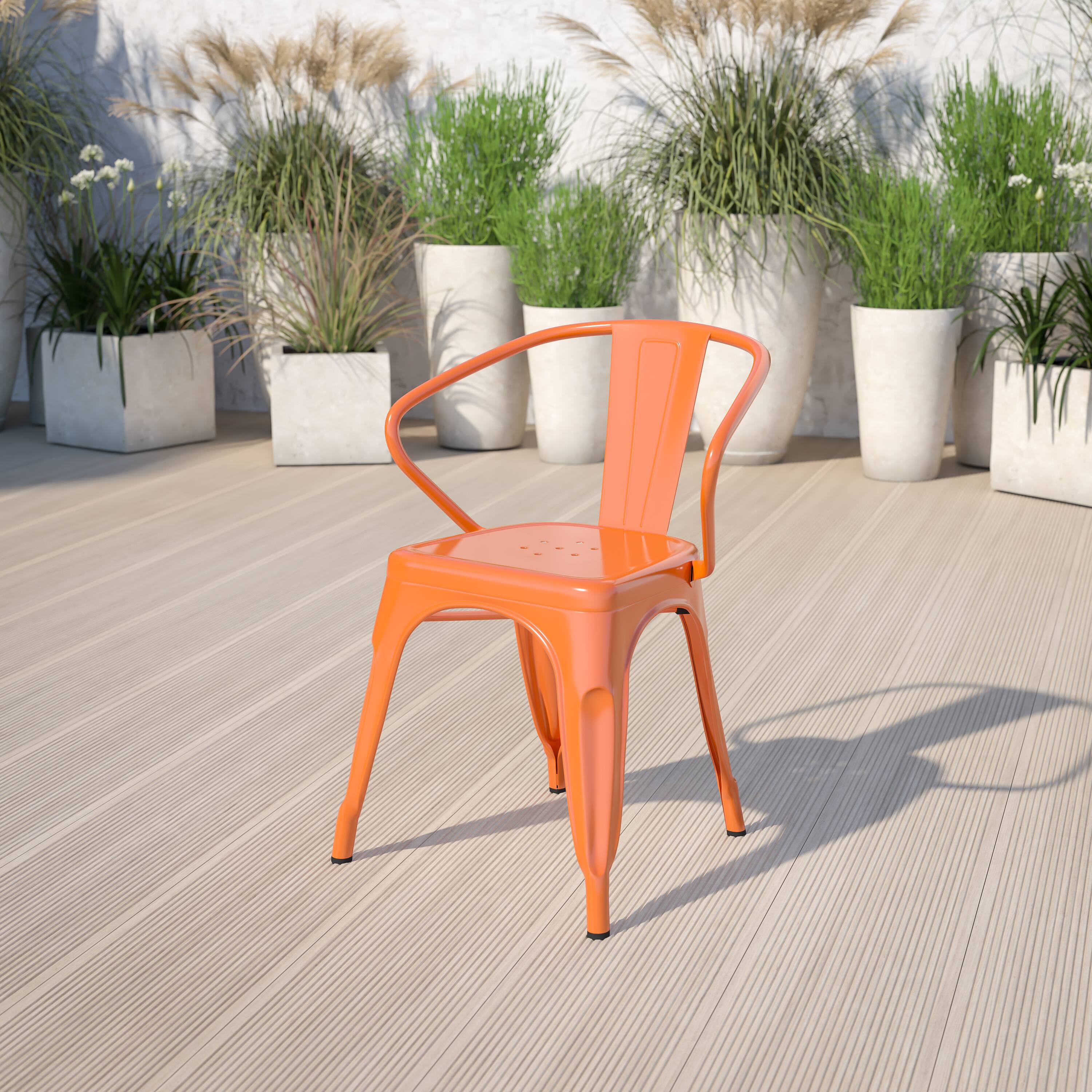 Alt View 1. Emma + Oliver - Commercial Grade Colorful Metal Indoor-Outdoor Chair with Arms - Orange.