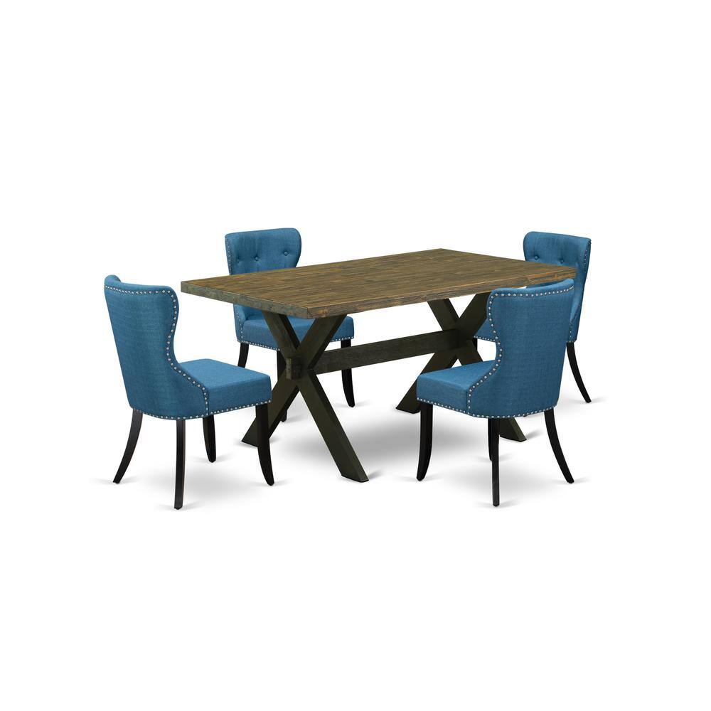 Left. East West Furniture - East West Furniture X676SI121-5 5-Piece Dining Set- 4 Parson Dining Room Chairs with Blue Linen Fabric Seat and Button - Multi-Color.