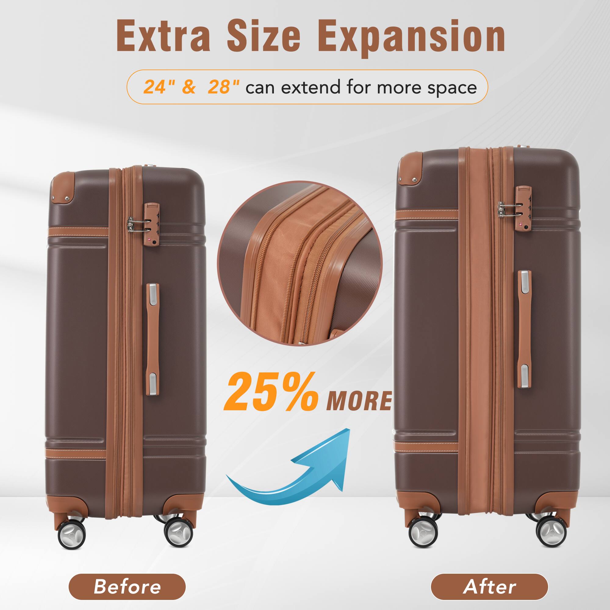 Extra Size Expansion  
24" & 28" can extend for more space  

Before  
25% MORE  
After