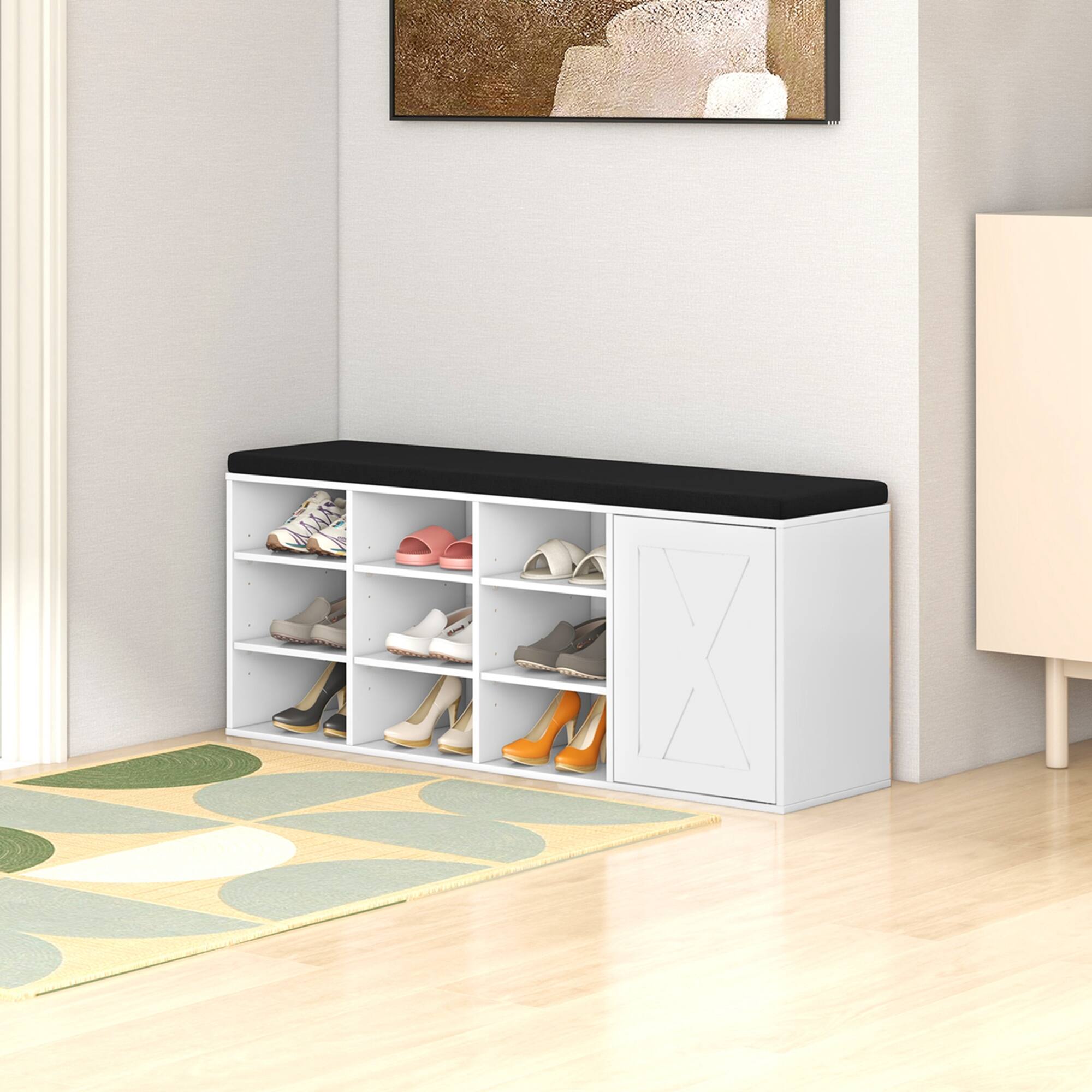 Alt View 13. Costway - Shoe Bench with Padded Cushion 9-cube Adjustable Storage Shoe Rack White - White.