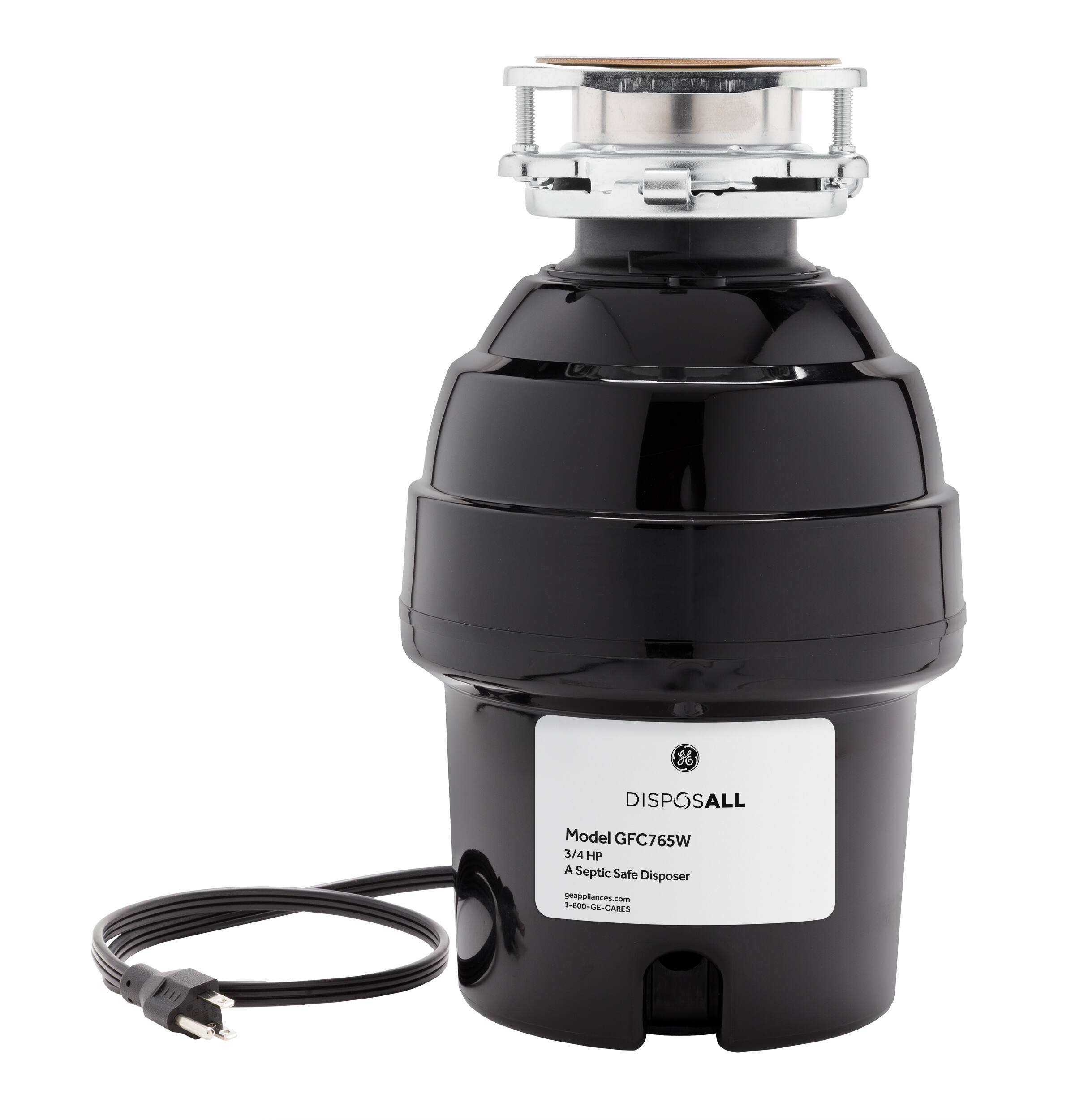 The image features a black garbage disposal unit, specifically a DISPOSALL model GFC765W 3/4 HP unit. The unit is designed to be septic safe and is suitable for use in residential settings. The disposal is connected to a power cord, and it is ready for use. The image also includes a tag that reads "Septic Safe Disposer."