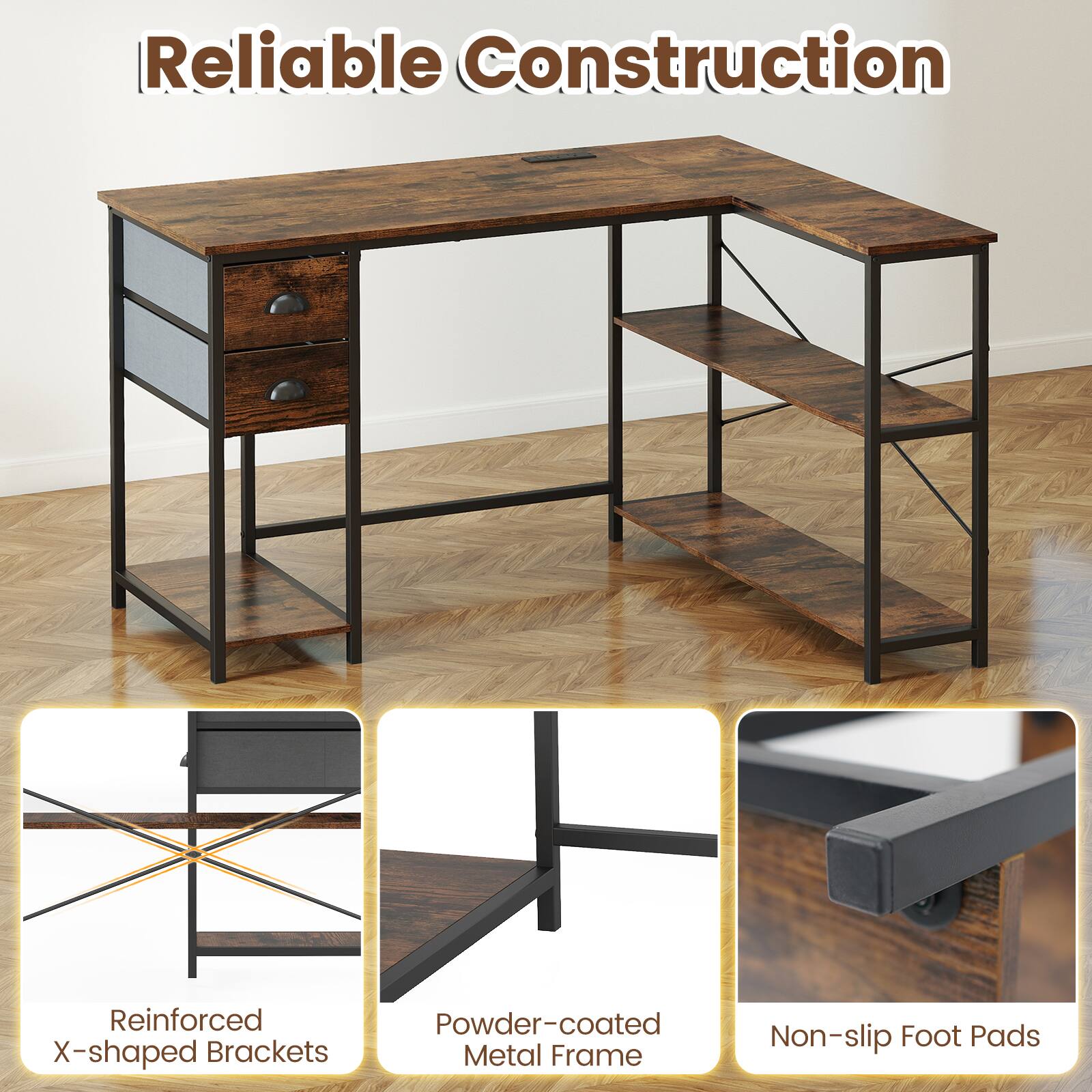 Reliable Construction

- Reinforced X-shaped Brackets
- Powder-coated Metal Frame
- Non-slip Foot Pads