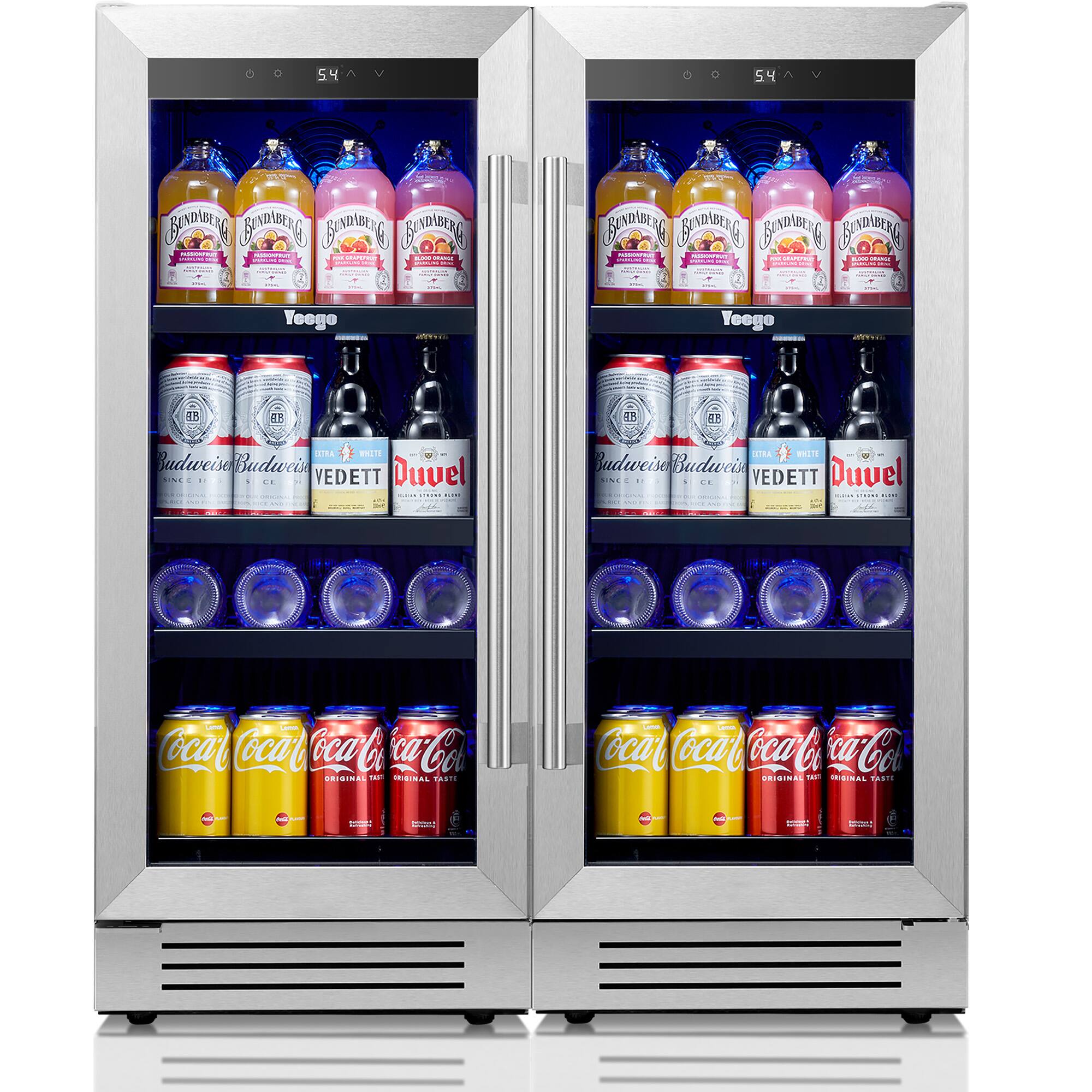 Sure, here is the corrected and grouped text:

---

**Top Shelf:**
- BUNDABERG
  - BUNDABERG
  - BUNDABERG
  - BUNDABERG
  - BUNDABERG

**Second Shelf:**
- Yeego
- Yeego
- Yeego
- Yeego

**Third Shelf:**
- Budweiser
  - Budweiser
  - Budweiser
  - Budweiser
- VEDDIT
  - VEDDIT
  - VEDDIT
- Duvel
  - Duvel
  - Duvel

**Bottom Shelf:**
- Coca-Cola
  - Coca-Cola
  - Coca-Cola
  - Coca-Cola
  - Coca-Cola
  - Coca-Cola
  - Coca-Cola
  - Coca-Cola

---

This text is based on the visible labels in the image.