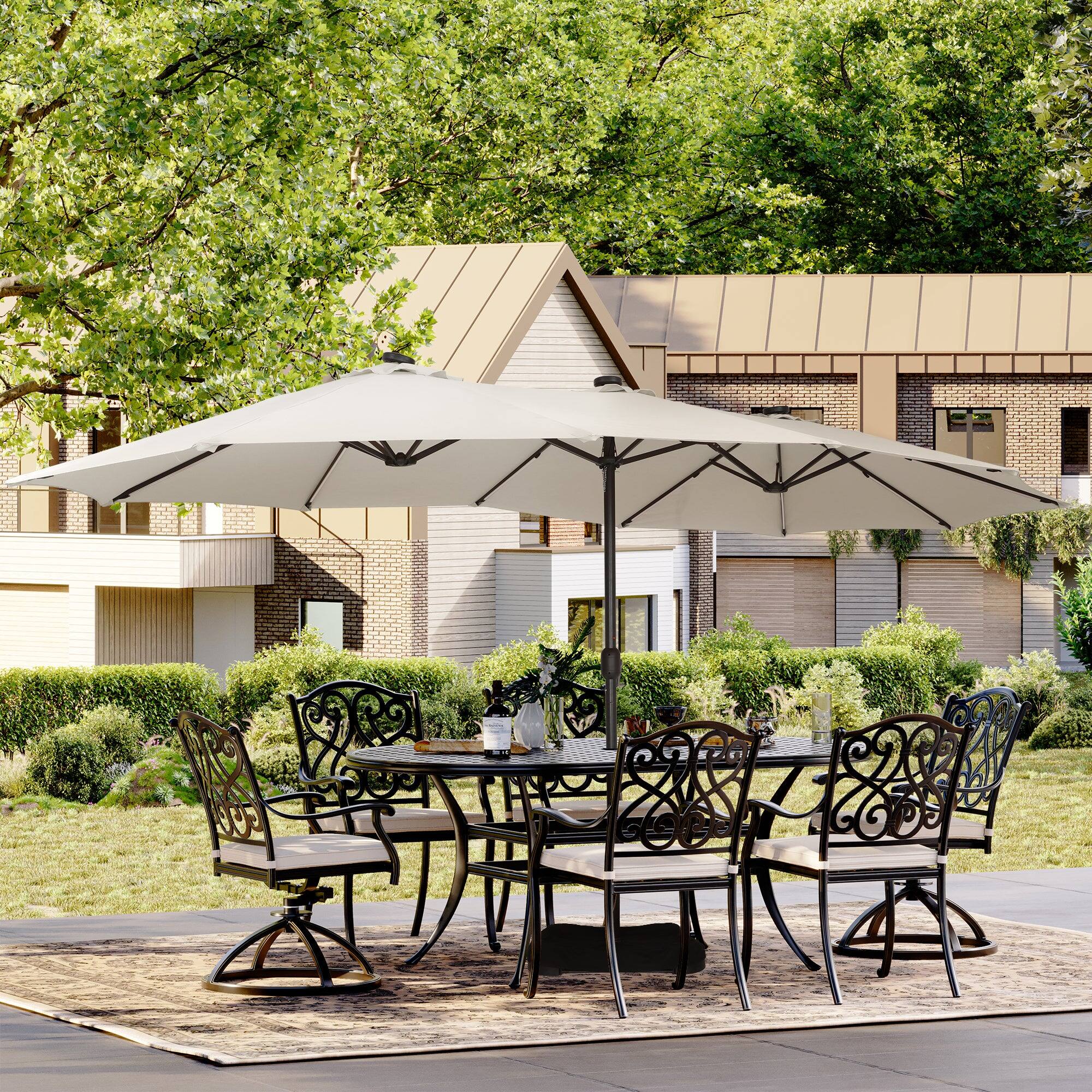 Alt View 1. Boyel Living - Beige 15 FT Double-Head Patio Umbrella with Base with Solar Detachable Lights.