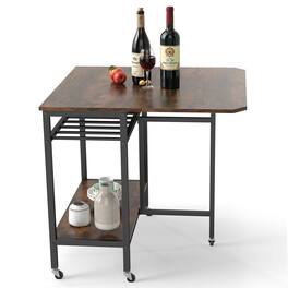 Gymax - Folding Dining Table Movable Kitchen Table w/ Wine Rack Storage Shelf & Wheels - Brown