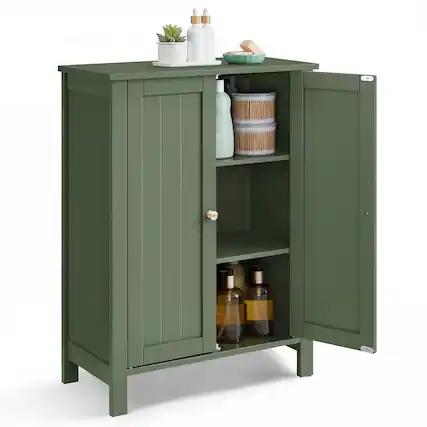 Front. Songmics Home - Bathroom Floor Storage Cabinet, Bathroom Storage Unit with 2 Adjustable Shelves, 11.8 x 23.6 x 31.5 Inches - Forest Green.