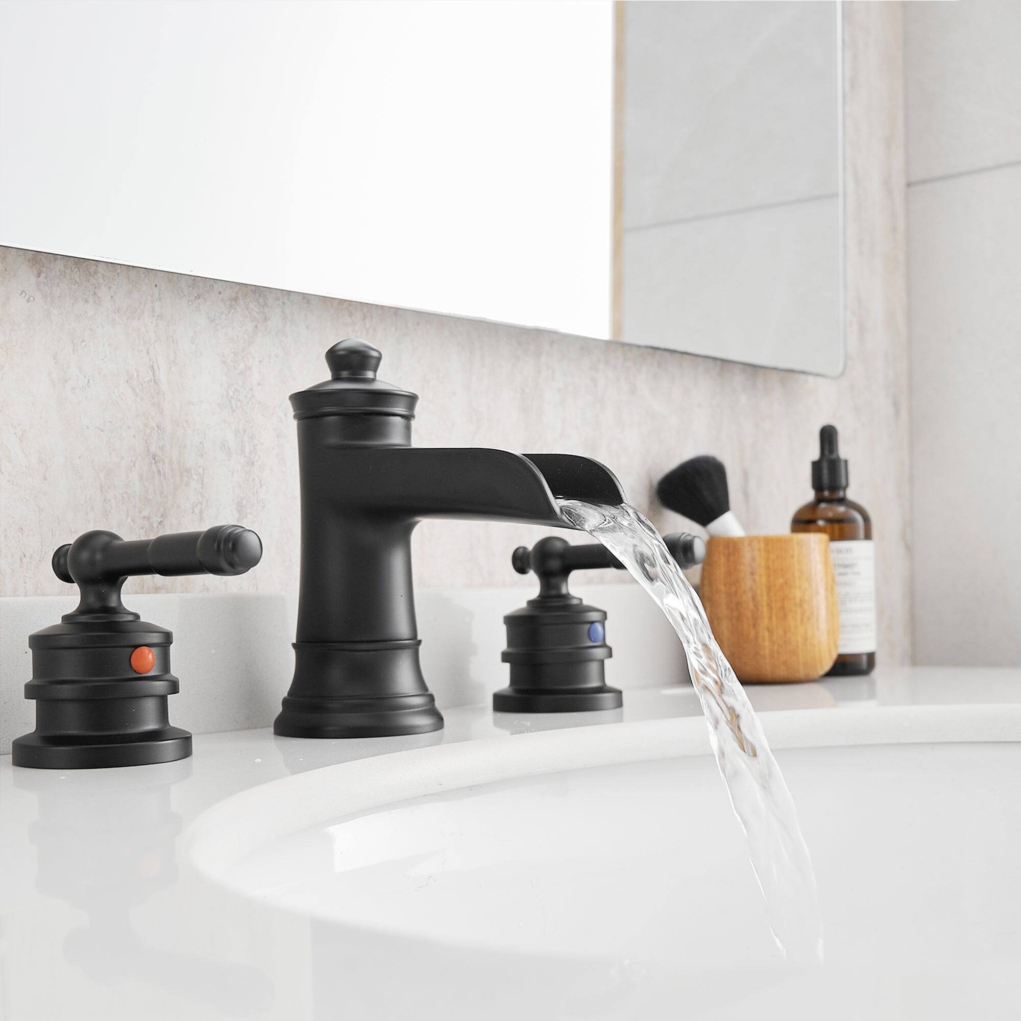 Left. Boyel Living - Classic 8 Inch Widespread Double Handle Brass Bathroom Faucet with Pop Up Drain and Water Supply Hoses in Matte Black - Matte Black.